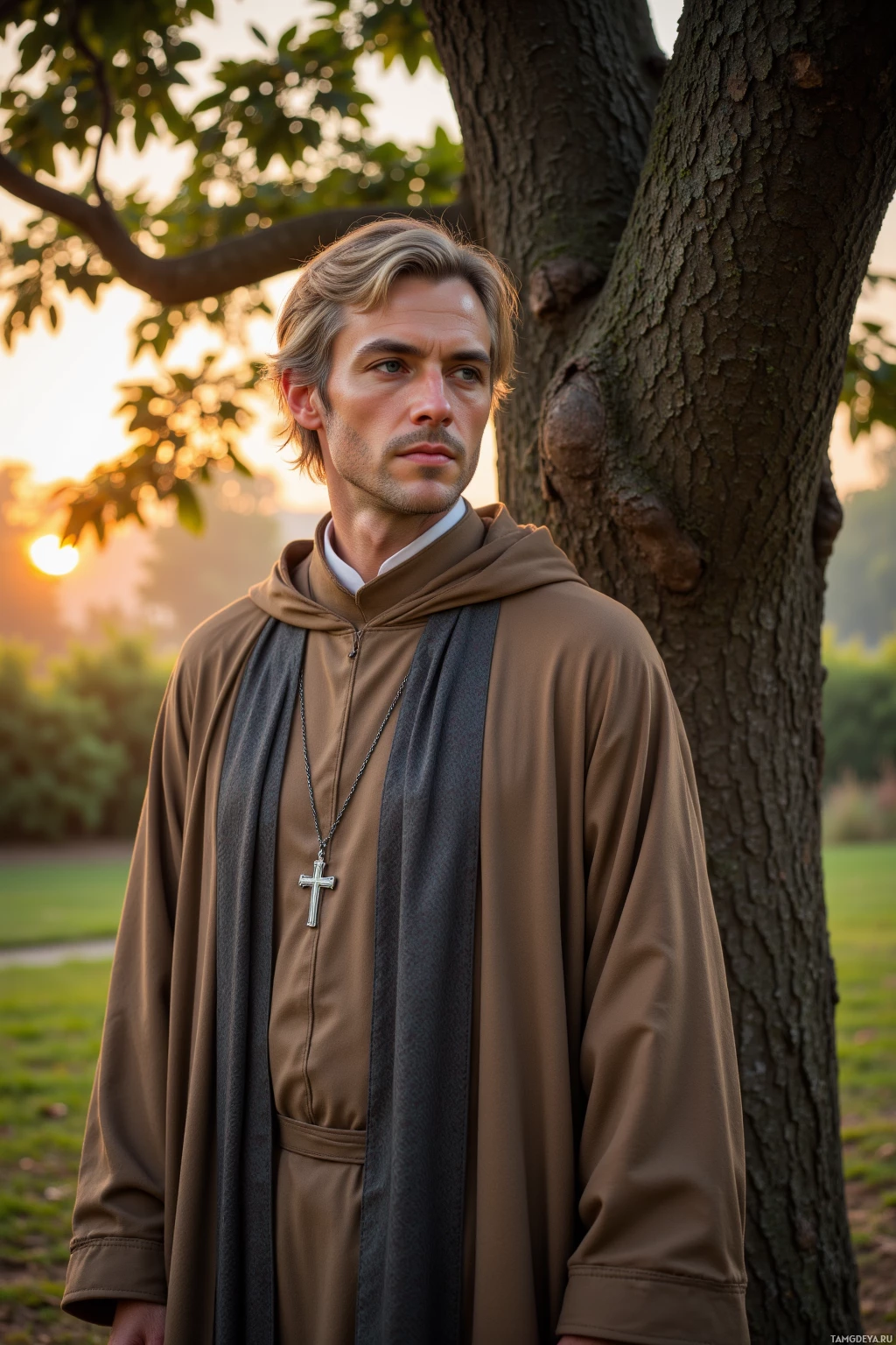 A man in a brown robe with a cross necklace stands outdoors near a tree at sunset.