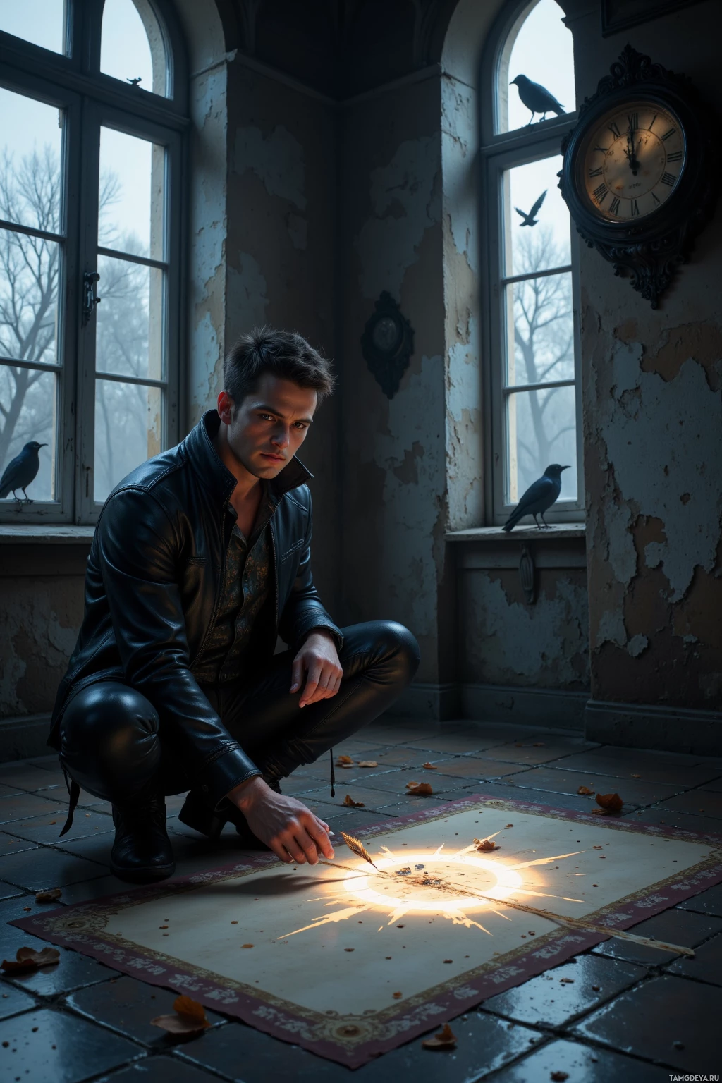 A man in a leather jacket kneels in a dimly lit room with peeling walls, holding a lit arrow on a patterned rug.