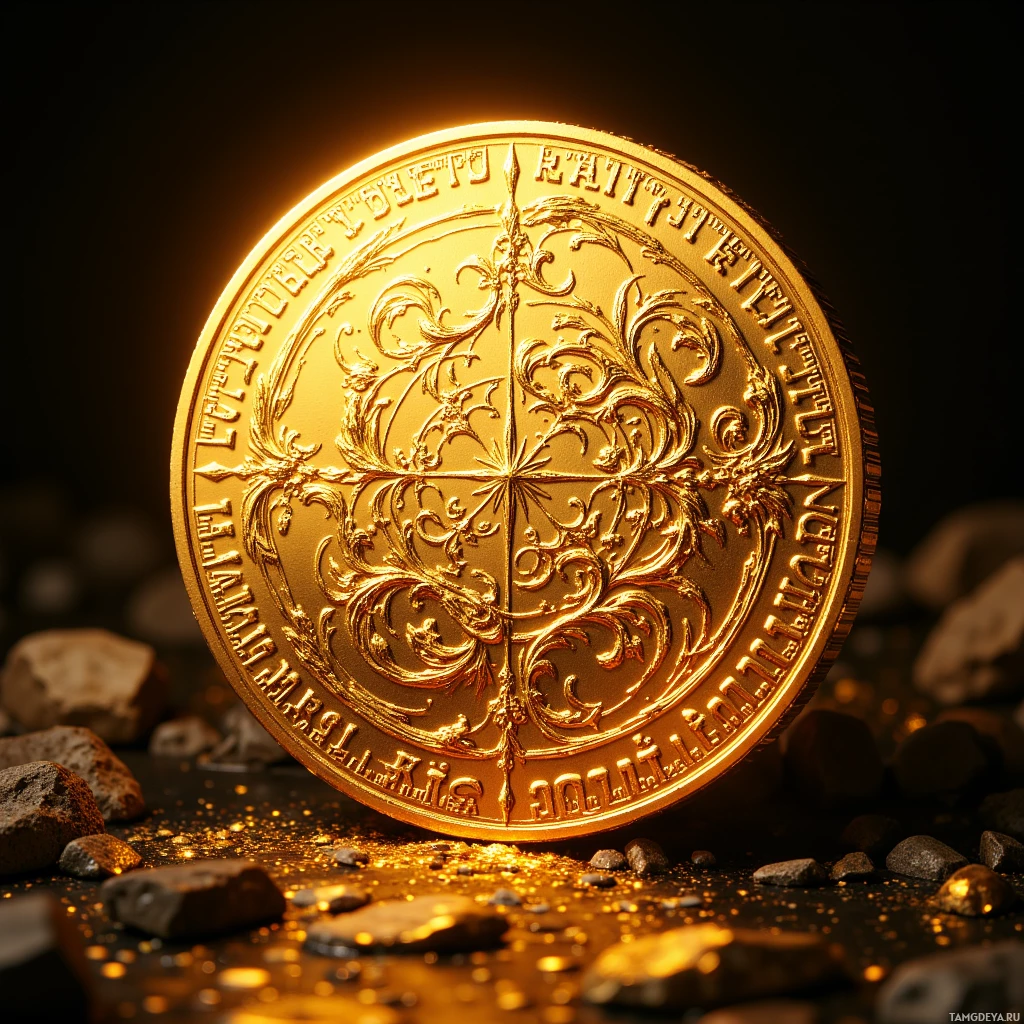 A golden coin with intricate designs and inscriptions is surrounded by small rocks and gold dust.