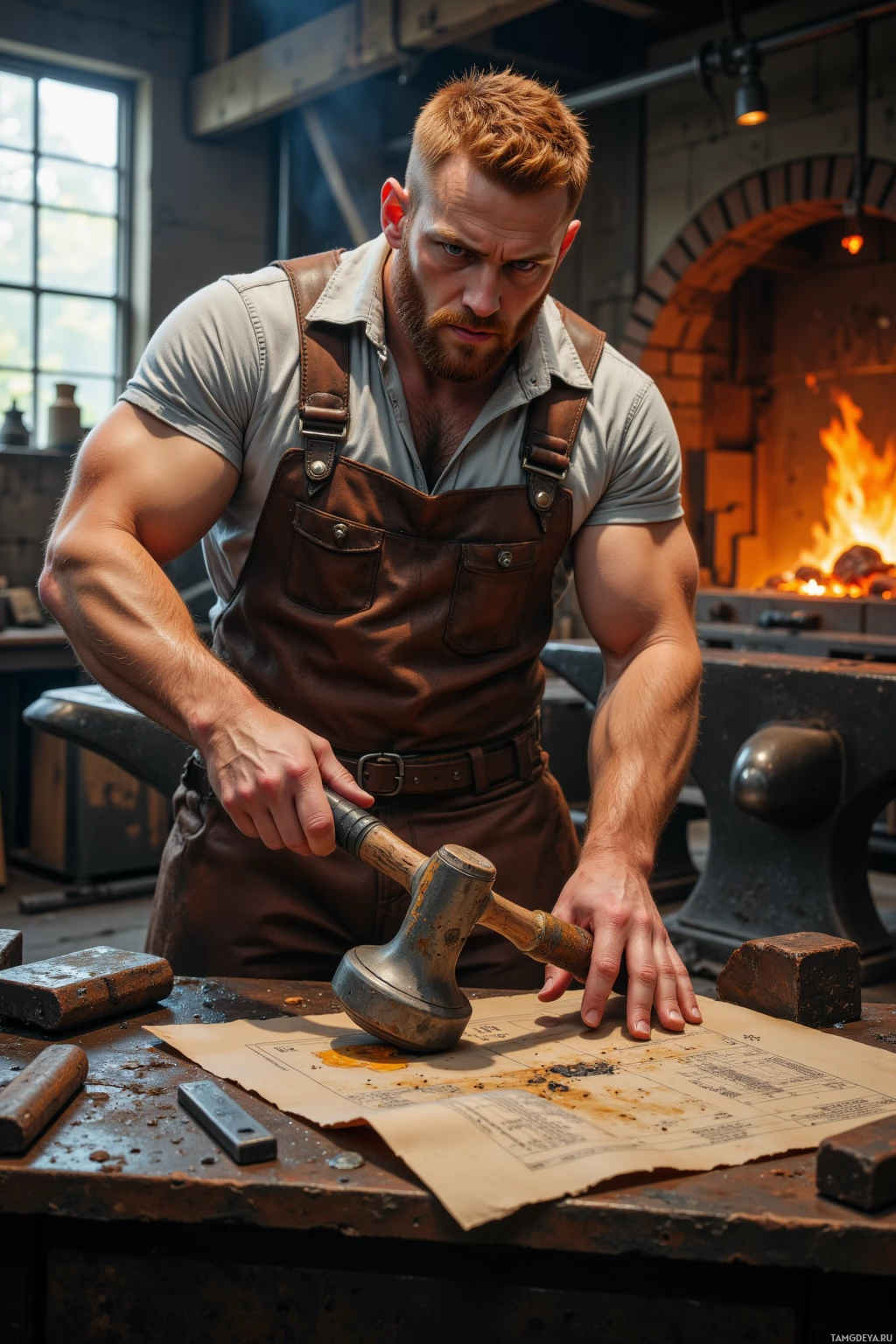 Realistic high quality photo. Muscular 40‑year‑old man with short red hair, blue eyes, beard, pale skin, leather apron over blacksmith attire, hammers a sheet of steel into a wrench in a rustic forge with glowing coals, anvil, blueprint spread on the table, burn marks on metal, focused expression, afternoon light filtering through a high window.