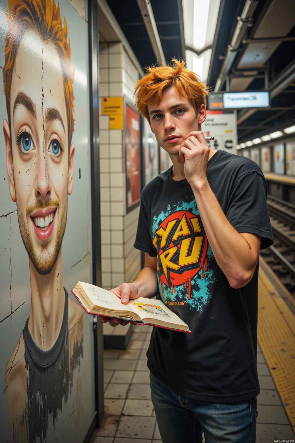Realistic high quality photo. Male, 25, messy bright orange hair, blue eyes, pale skin, wearing a graphic t‑shirt with bold print and jeans, standing in a morning‑lit subway station with cracked tiles, sketching a half‑finished face in the air with cigarette ash while clutching a sketchbook, with a cracked wall reflecting a sarcastic grin.