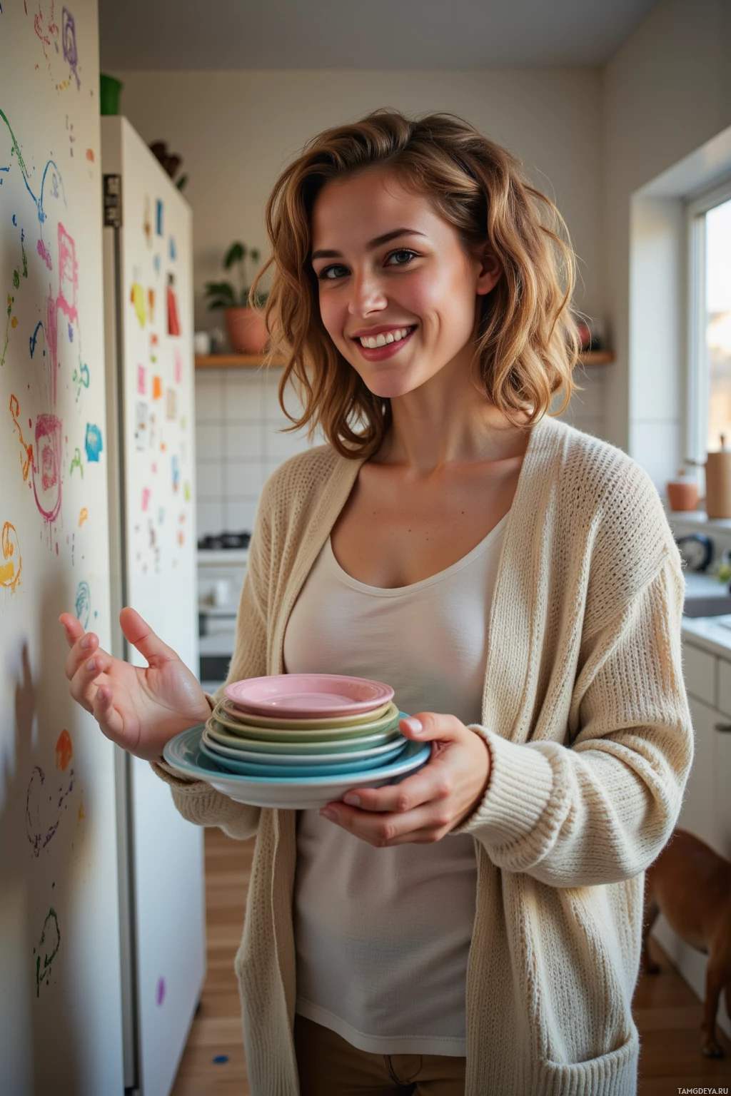 Realistic high quality photo. Woman in her early thirties with curly light brown hair, soft blue eyes, pale warm skin, wearing a cozy knit cardigan over a simple top, standing in a hallway splashed with crayon swirls and sticky notes, juggling a stack of plates that risk toppling onto a partially shut refrigerator door, while a small dog blinks slowly at a window, her face shows a quiet laugh and a sense of triumphant humor amid the chaotic domestic scene, sunlight filtering through the hallway windows.