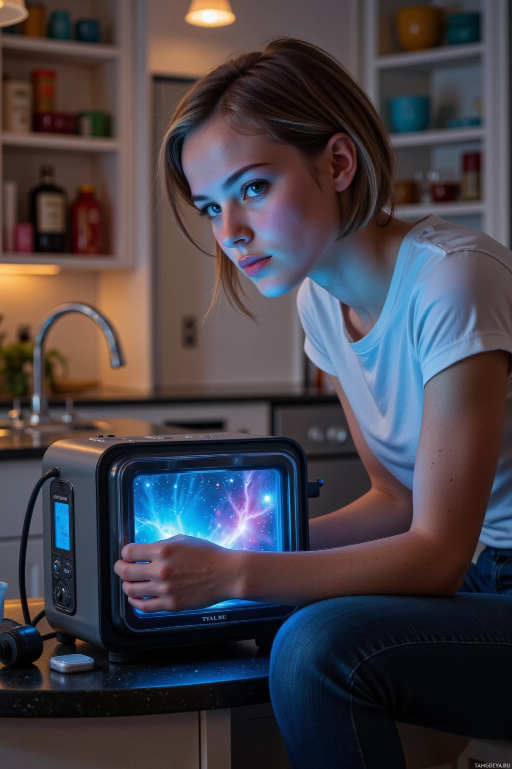Realistic high quality photo. Female, 29, short light brown hair, bright blue eyes, pale skin, wearing a t-shirt, dark jeans, casual sneakers, in a modern kitchen at dusk, tinkering with a walkie‑talkie turned nebula projector, cables coiled around the appliance, kitchen lights flickering like a subtle galaxy, pantry shelves in the background, focused and curious expression.