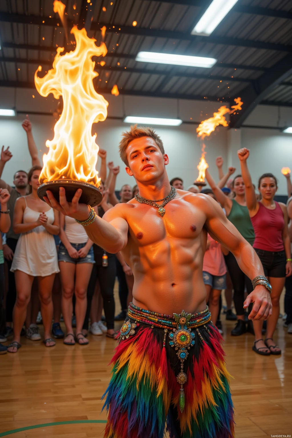 A man performs a fire dance in front of an audience.