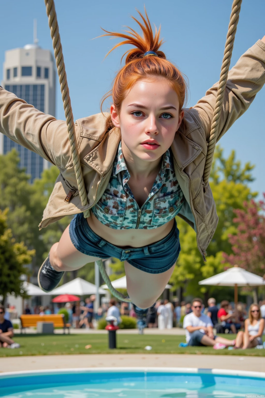 A person swings on a rope in a park with a cityscape in the background.