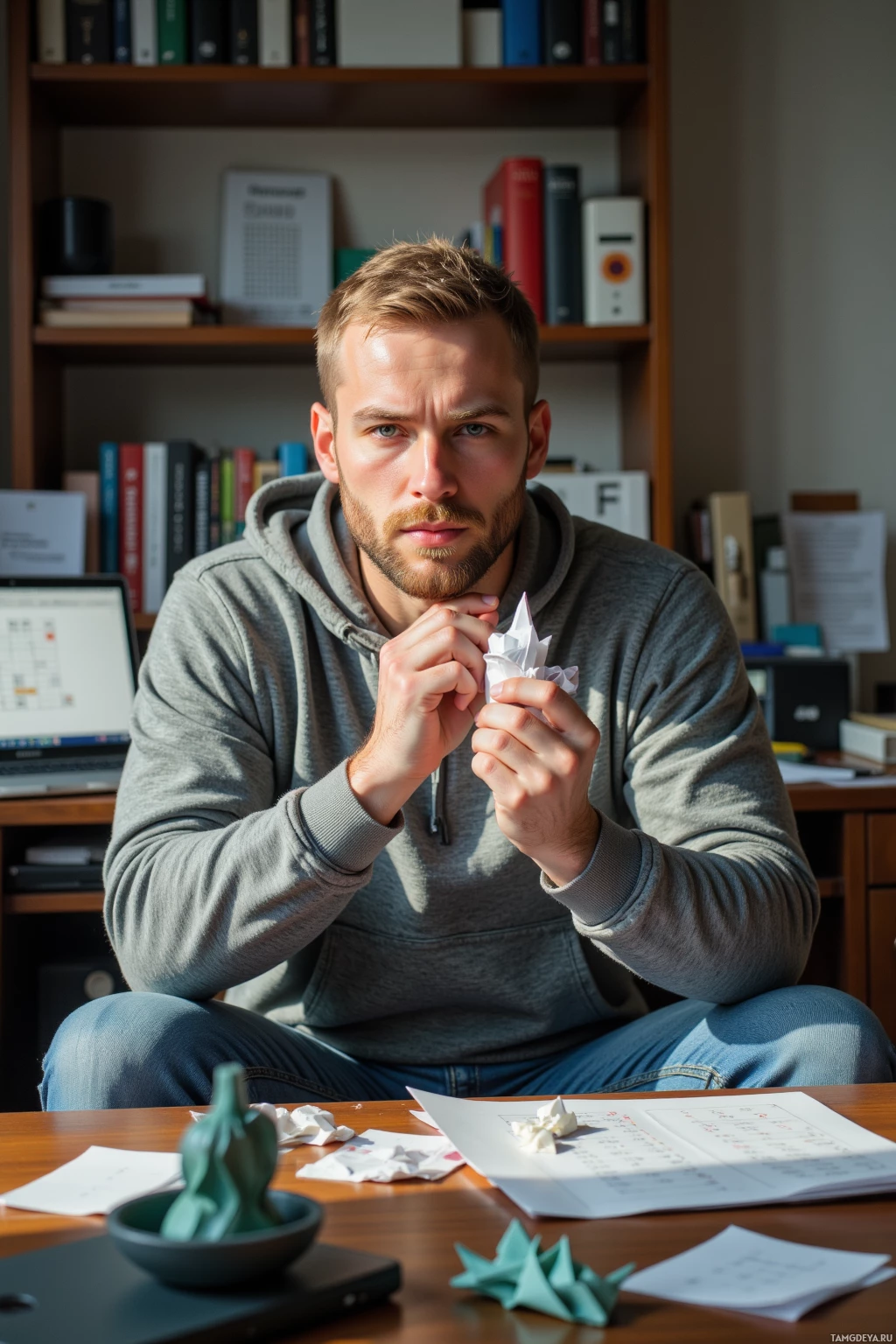 A man sits at a desk in a room with books, holding a folded piece of paper.
