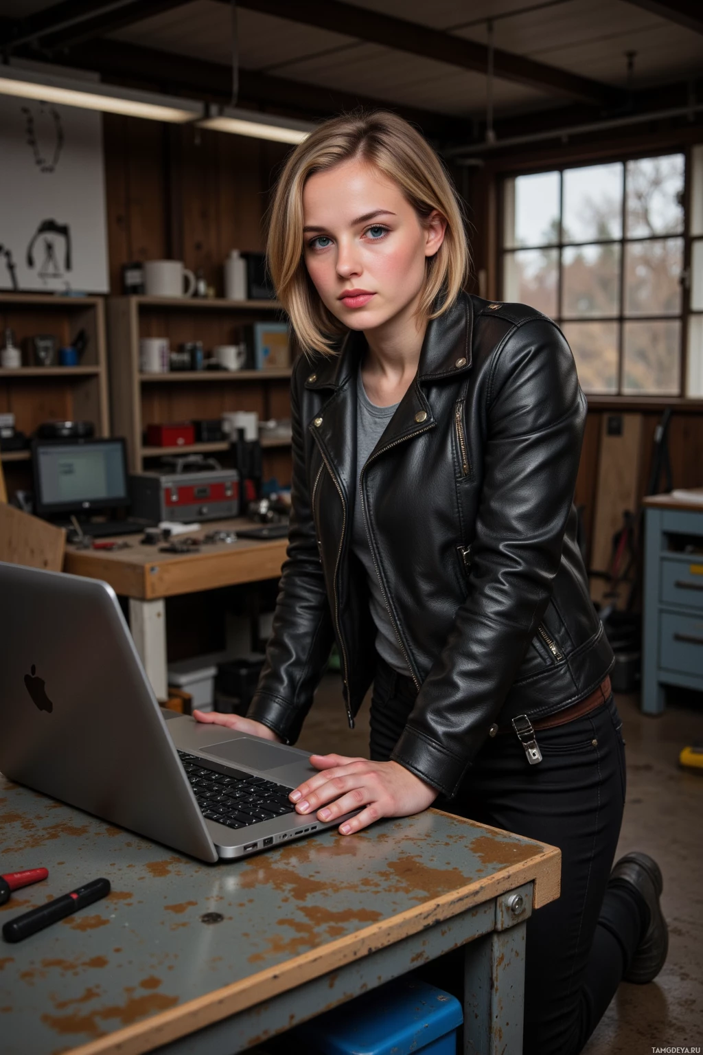 A person in a leather jacket leans on a laptop in a workshop setting.