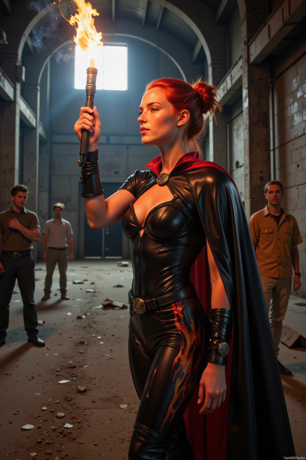 A woman in a black leather outfit holds a flaming torch in a dimly lit industrial setting, with two men in the background.