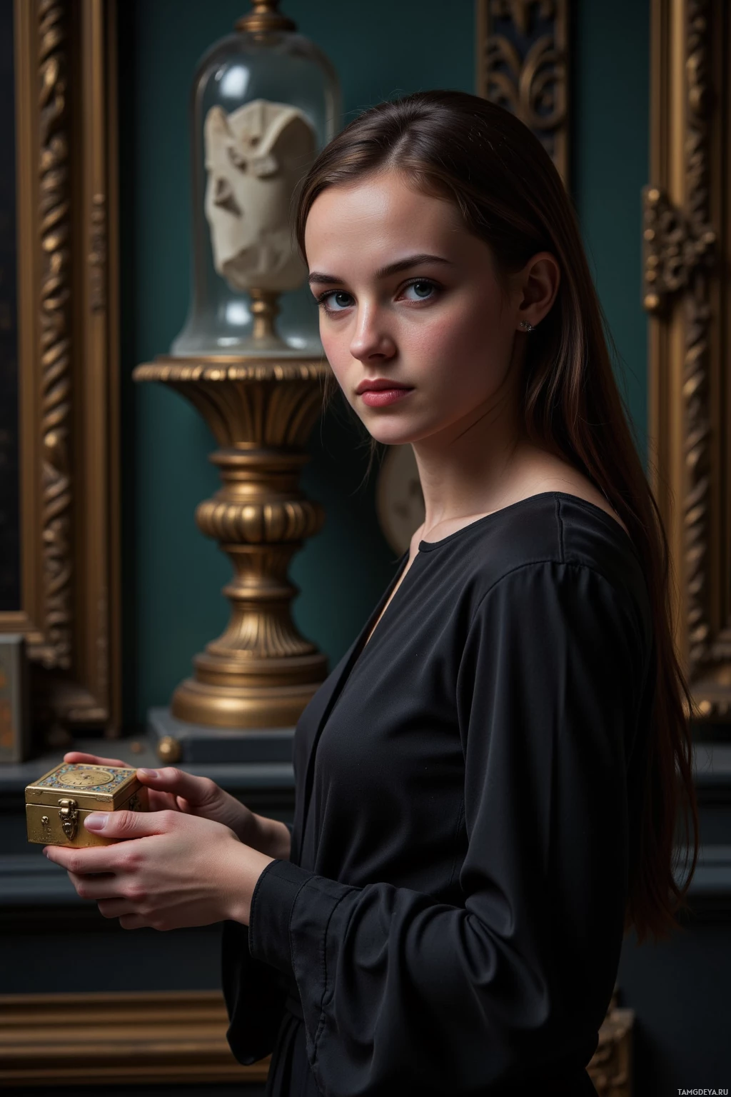 A woman in a black dress holds a small golden box in a room with ornate decor.
