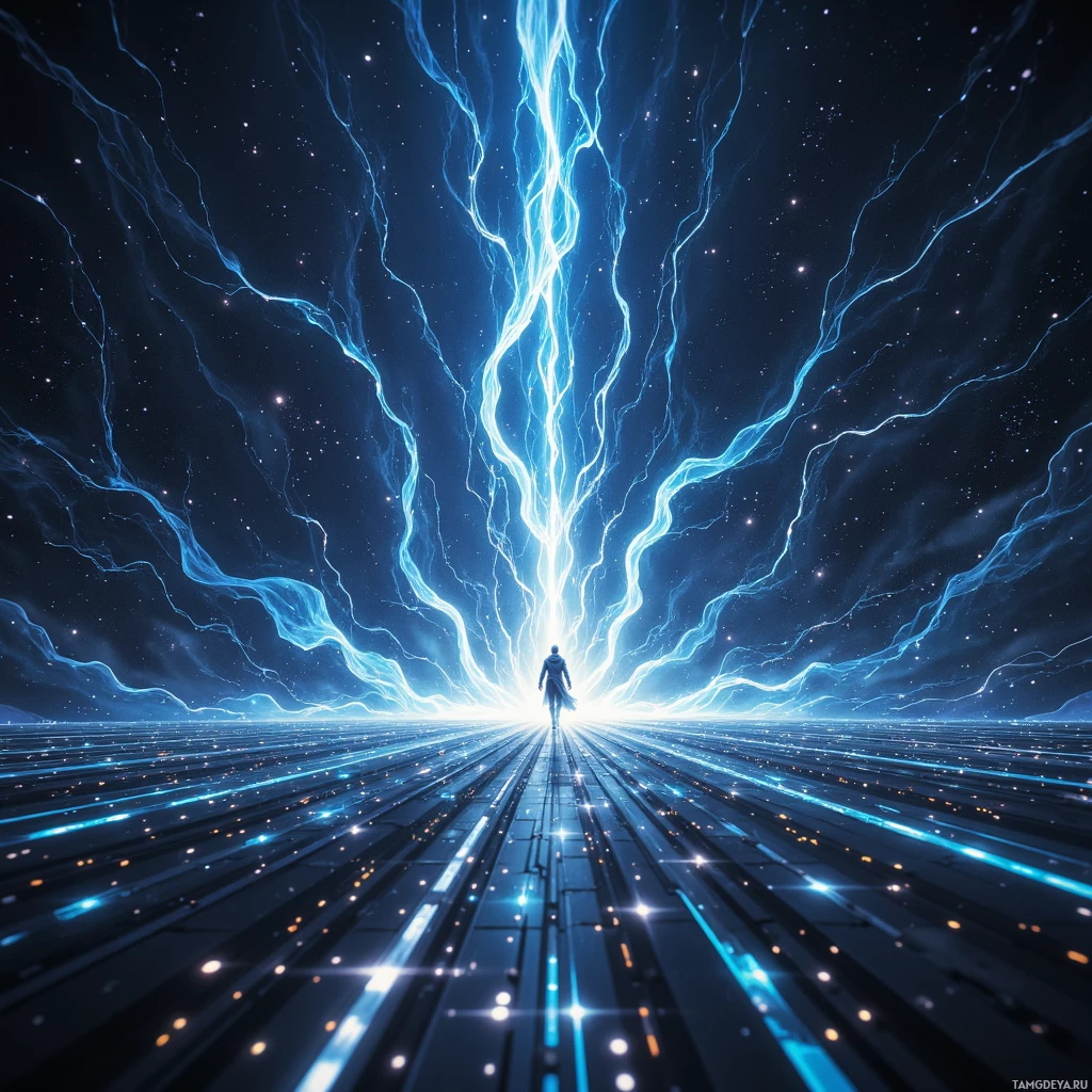 A person stands at the end of a glowing, futuristic pathway leading upwards into a starry, cosmic sky.