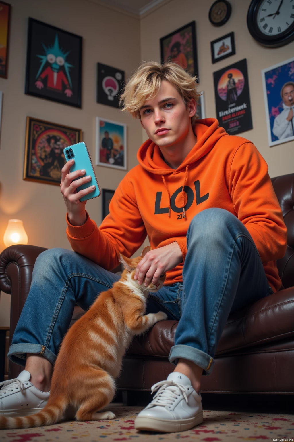 Realistic high quality photo. Man, 23, messy blonde hair, bright blue eyes, pale skin, wide face, cheekbones, crooked nose, wearing bright orange "LOL" hoodie, blue jeans, white sneakers, holding a smartphone while a small cat tries to swipe it, surrounded by synthwave posters and TikTok icons in a cozy living room with soft ambient light, exuding playful meme humor.