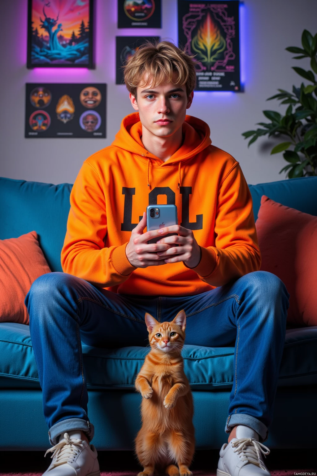 Realistic high quality photo. Man, 23, messy blonde hair, bright blue eyes, pale skin, wide face, cheekbones, crooked nose, wearing bright orange "LOL" hoodie, blue jeans, white sneakers, holding a smartphone while a small cat tries to swipe it, surrounded by synthwave posters and TikTok icons in a cozy living room with soft ambient light, exuding playful meme humor.