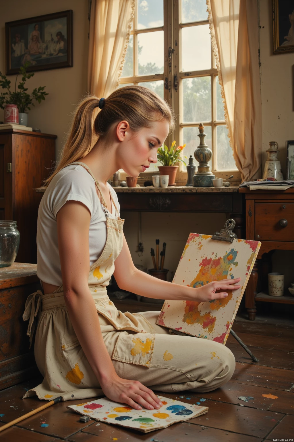 A young woman sits on the floor in a studio, painting on a small canvas.
