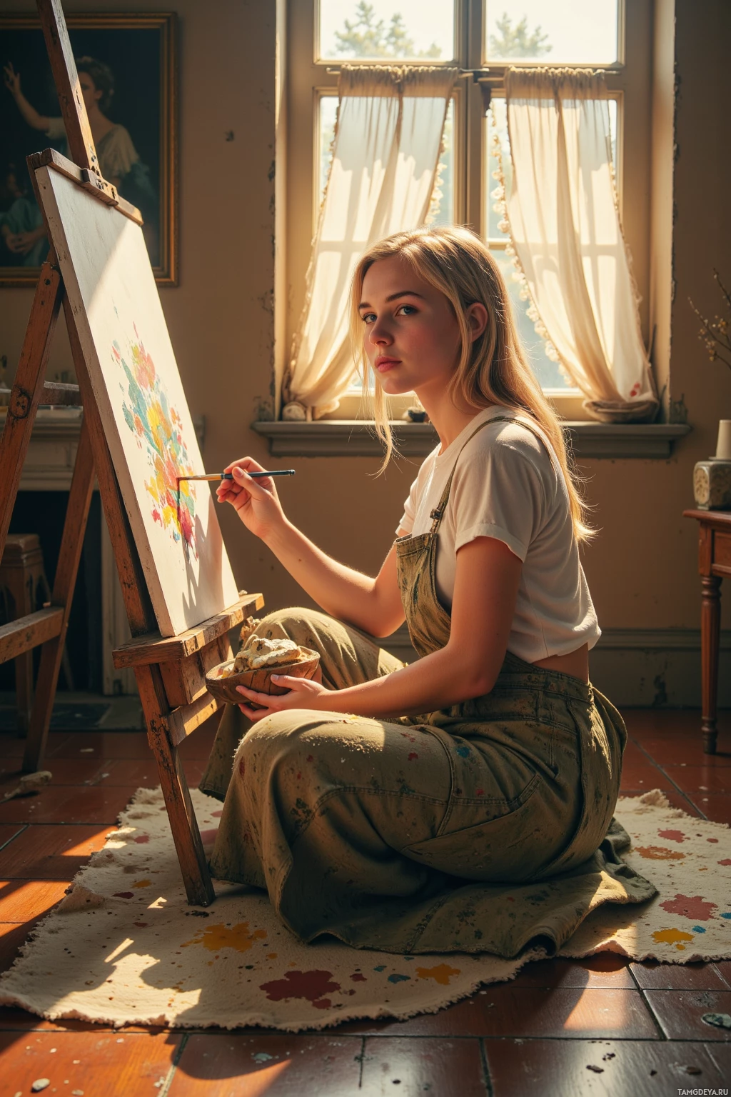 A person is sitting on the floor in a sunlit room, painting on an easel.