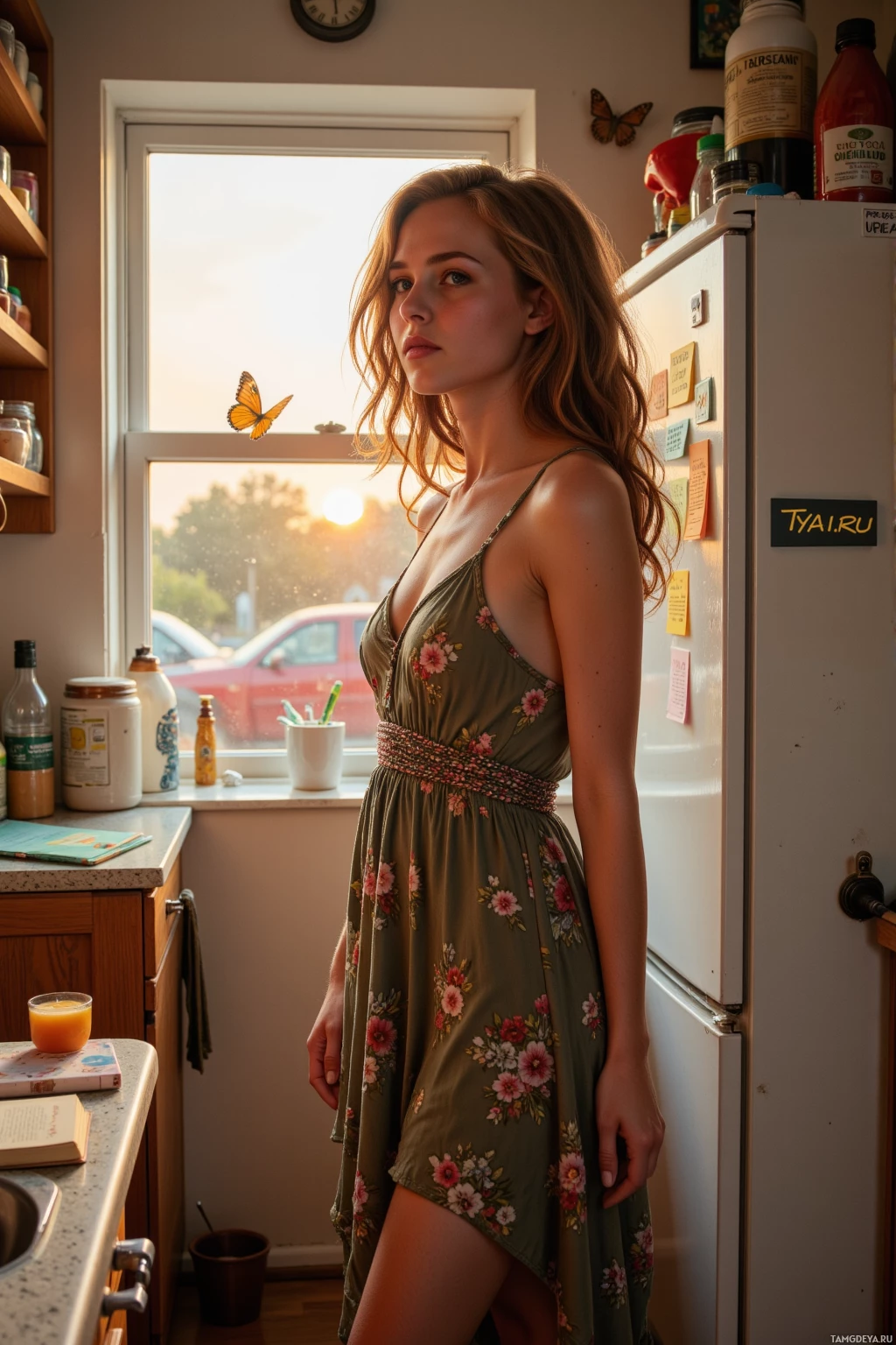 A woman in a floral dress stands in a kitchen with a butterfly near the window.