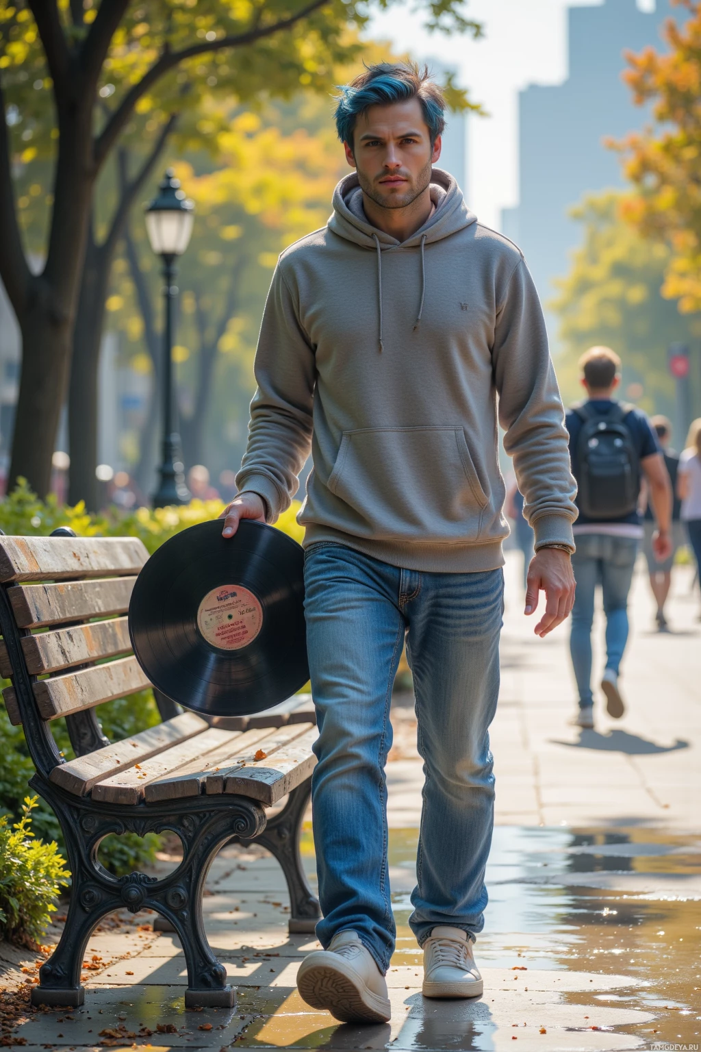A man in a hoodie and jeans walks in a park while holding a vinyl record.