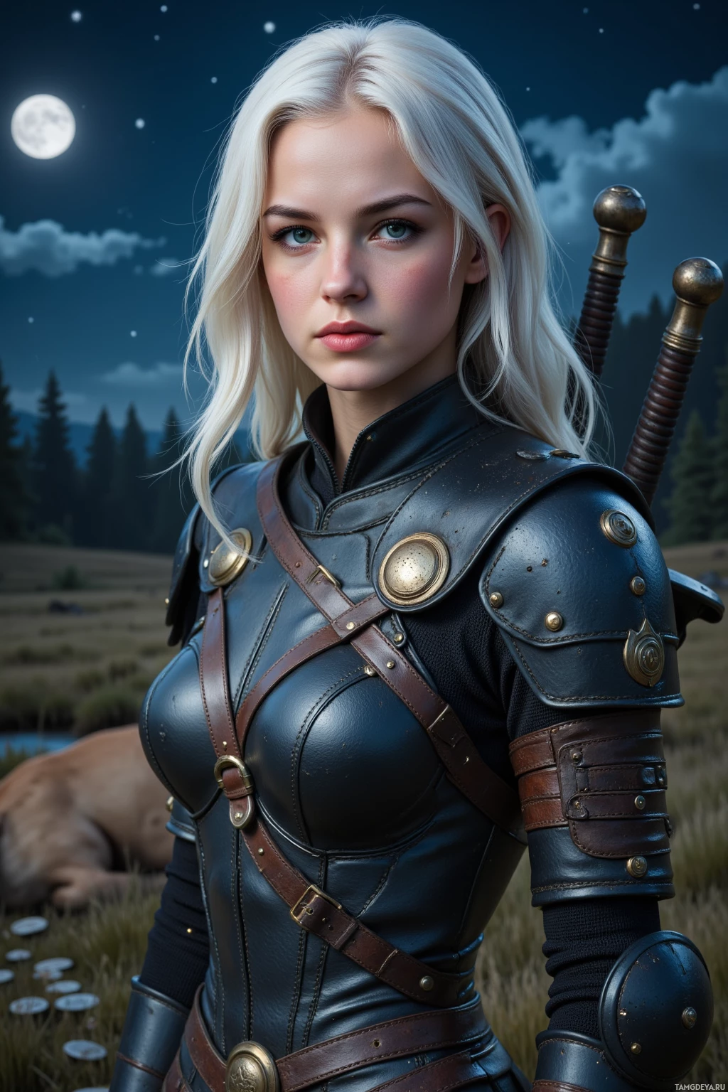 A woman in medieval-style armor stands against a night sky with a full moon.