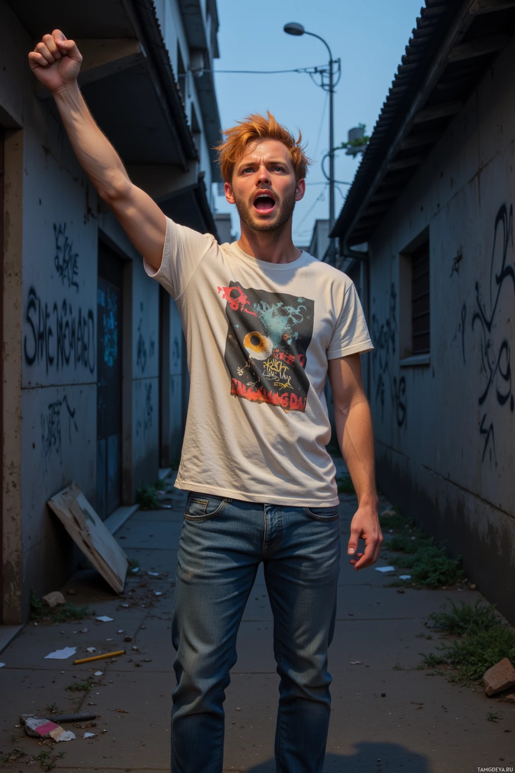 Realistic high quality photo. A 25‑year‑old man with messy bright orange hair, blue eyes, pale skin, wearing a graphic t‑shirt with bold print and jeans, standing in a dimly lit alley at dusk, concrete walls while shouting with one hand raised,crooked sketch lines and a discarded pencil lie nearby, capturing a restless, defiant vibe amid urban clutter.