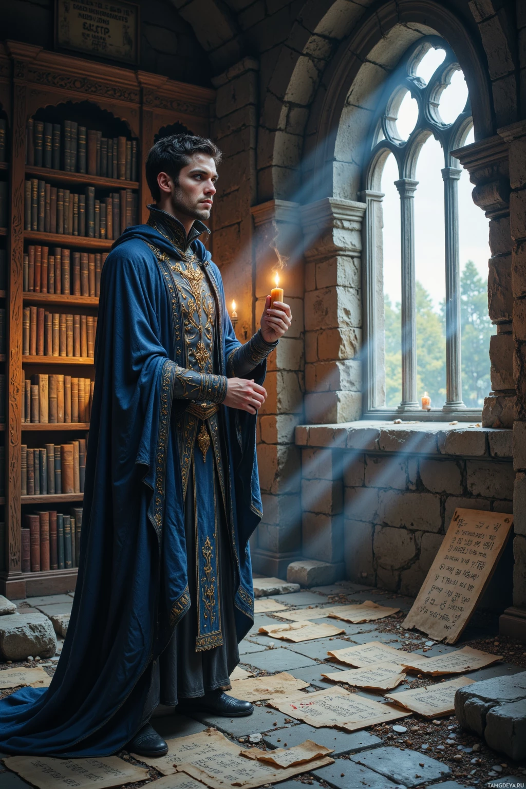 A man in a blue robe holds a lit candle in a dimly lit, stone-walled room with bookshelves and scattered papers.