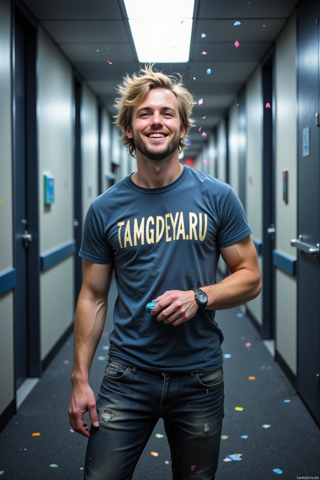 A man stands in a hallway wearing a blue t-shirt with text and jeans, smiling.