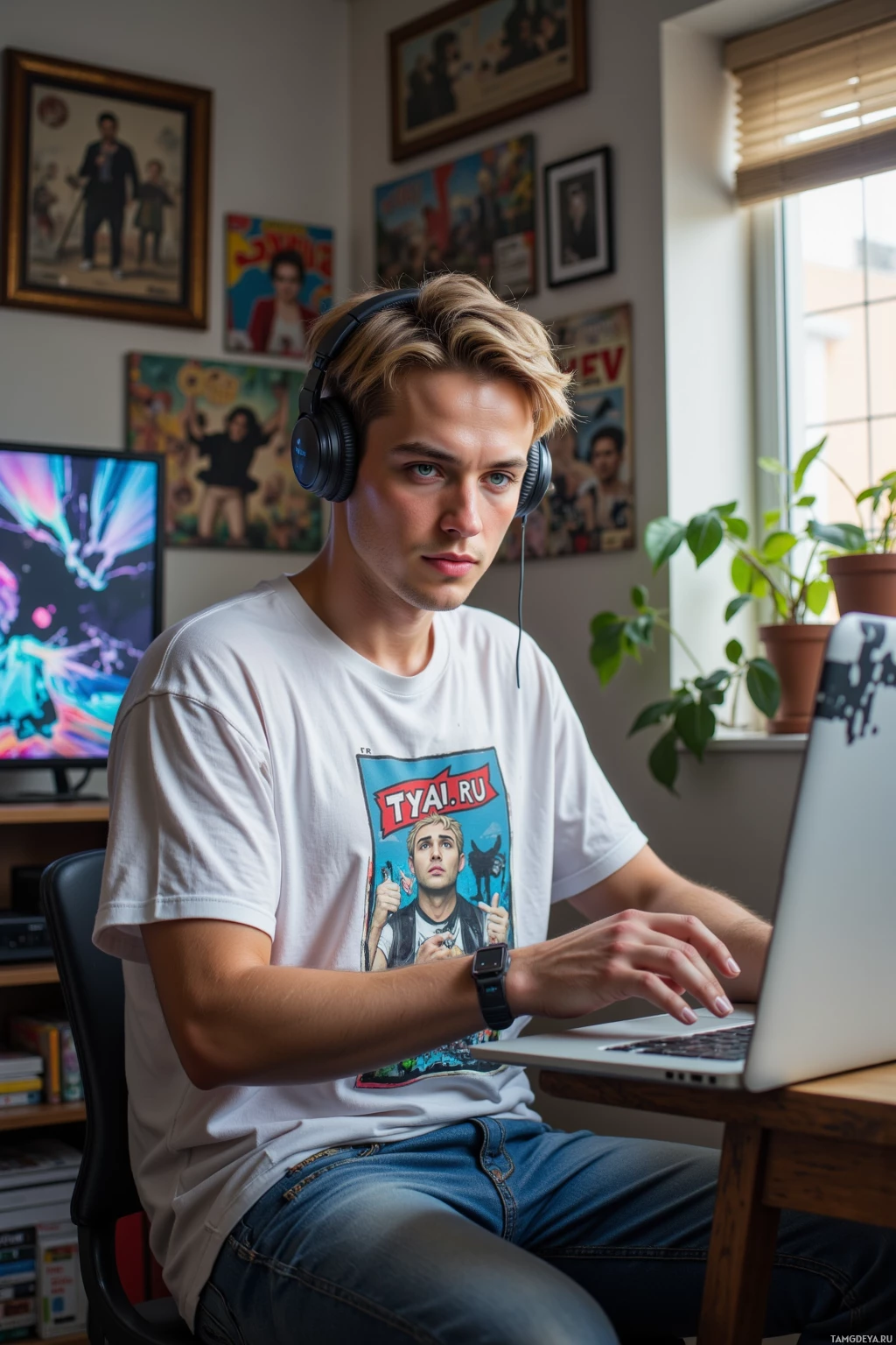 Realistic high quality photo. A 27‑year‑old man with short blonde hair, bright blue eyes, pale skin, mid‑smirk, wearing a relaxed white t‑shirt with a retro meme print and slightly worn jeans, sits at a cluttered apartment desk in the afternoon, editing a glitchy TikTok video on a laptop, headphones on, surrounded by meme‑filled screens and comic books.