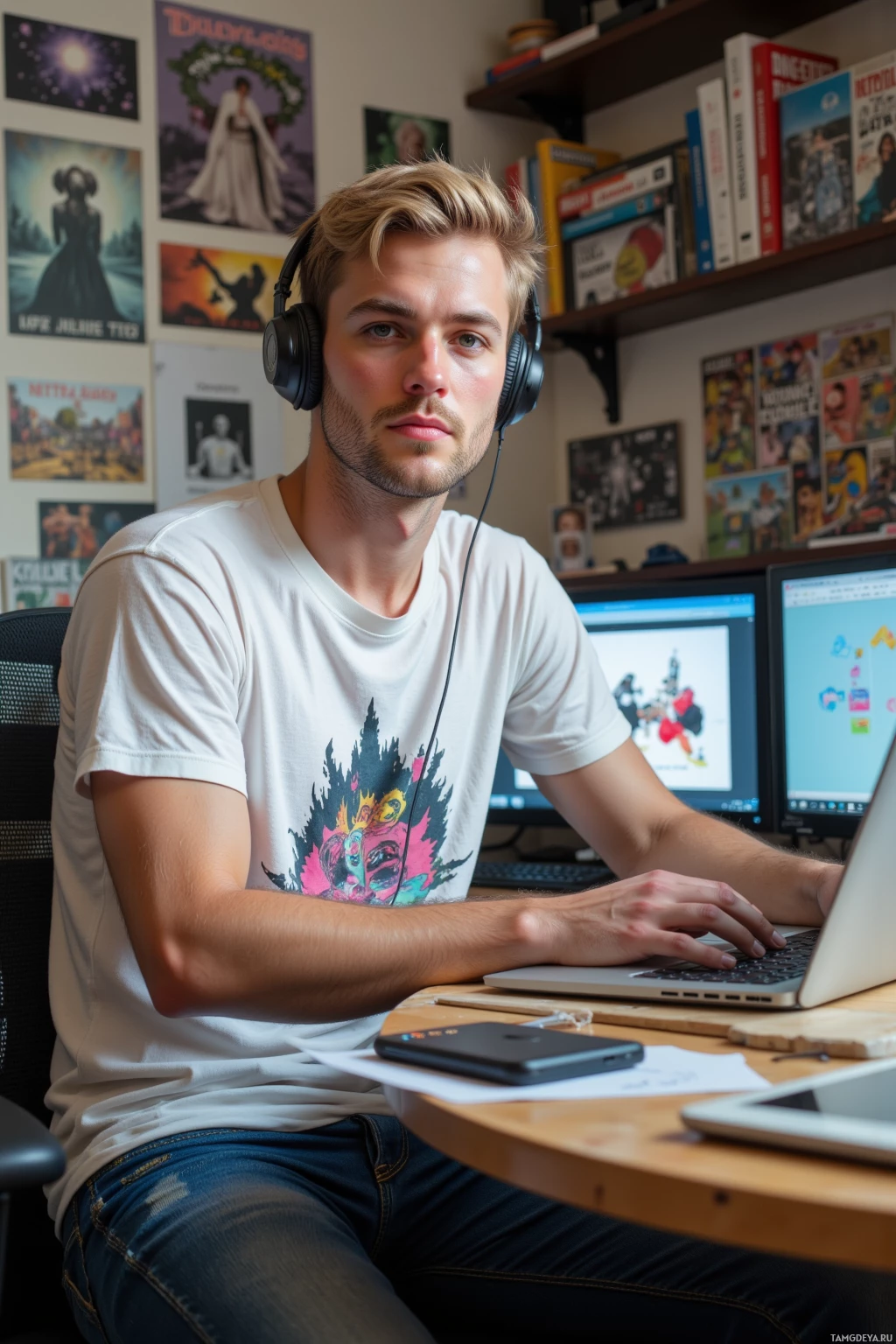 Realistic high quality photo. A 27‑year‑old man with short blonde hair, bright blue eyes, pale skin, mid‑smirk, wearing a relaxed white t‑shirt with a retro meme print and slightly worn jeans, sits at a cluttered apartment desk in the afternoon, editing a glitchy TikTok video on a laptop, headphones on, surrounded by meme‑filled screens and comic books.