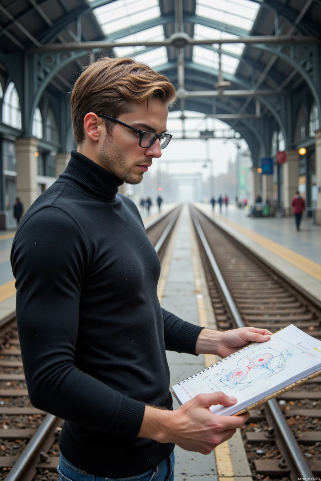 A man in a black turtleneck sweater and glasses stands on a train platform, holding a notebook.