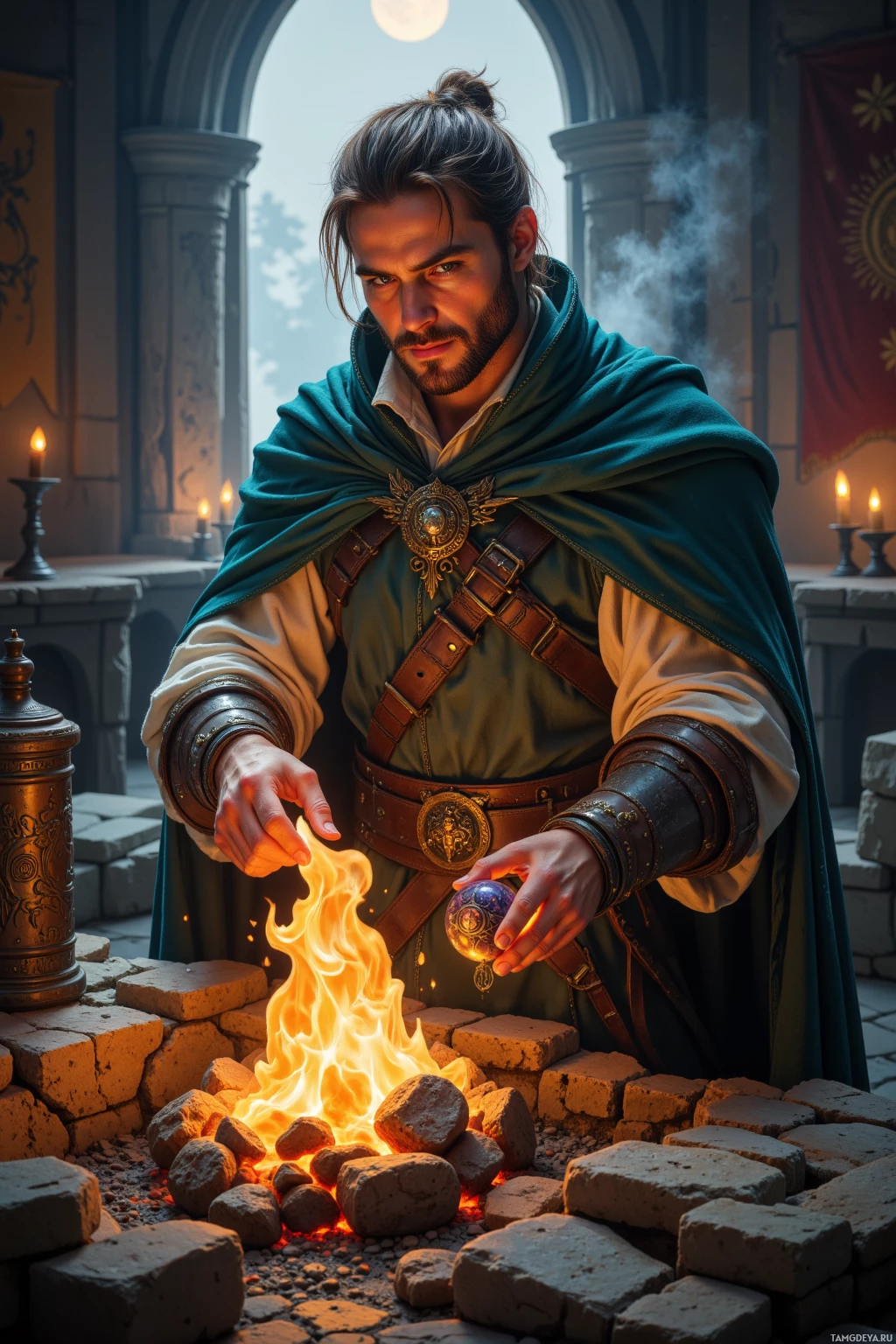 A man in medieval attire holds a glowing orb over a fire in a stone courtyard.