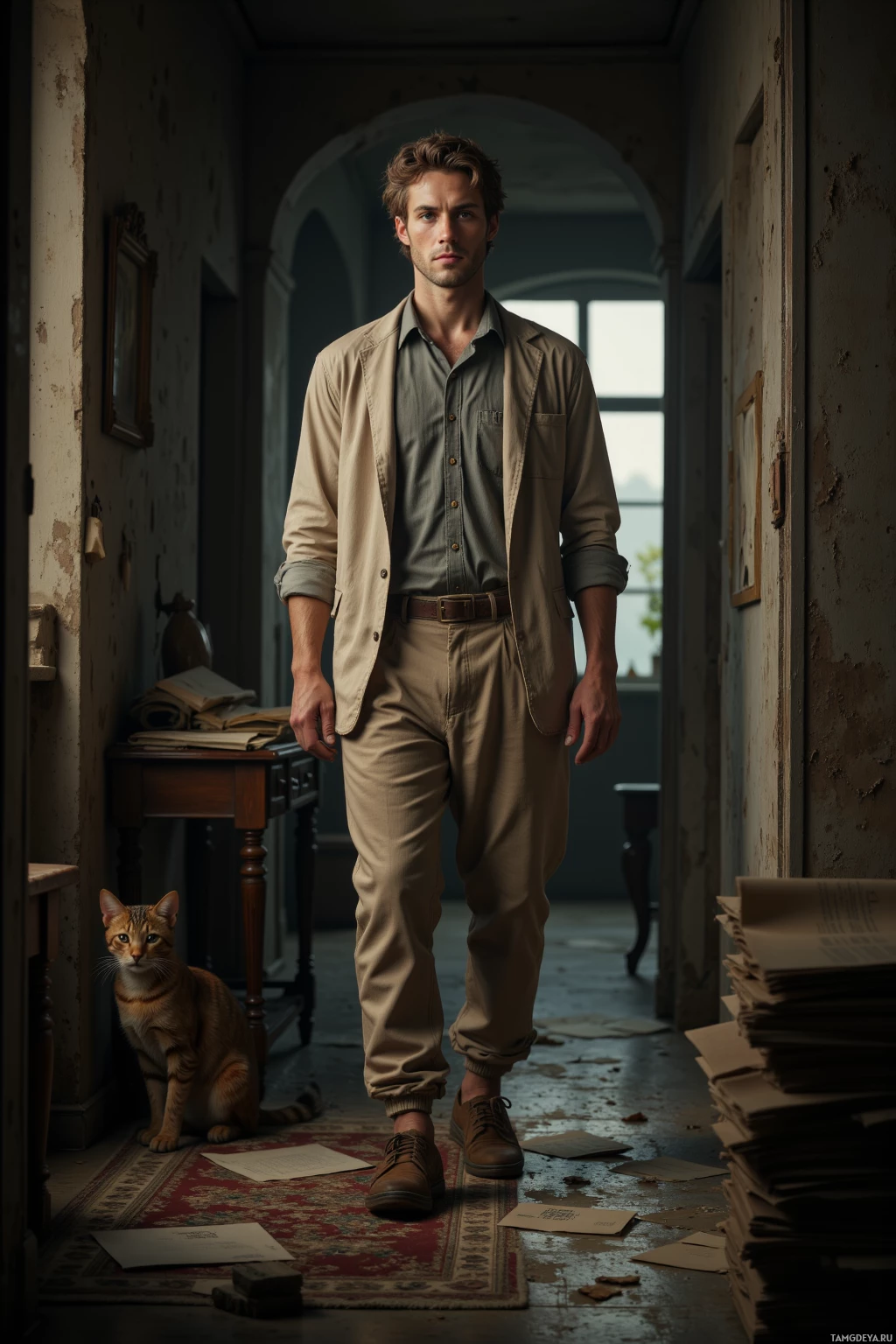 A man stands in a dimly lit hallway with a cat sitting on a table beside him.