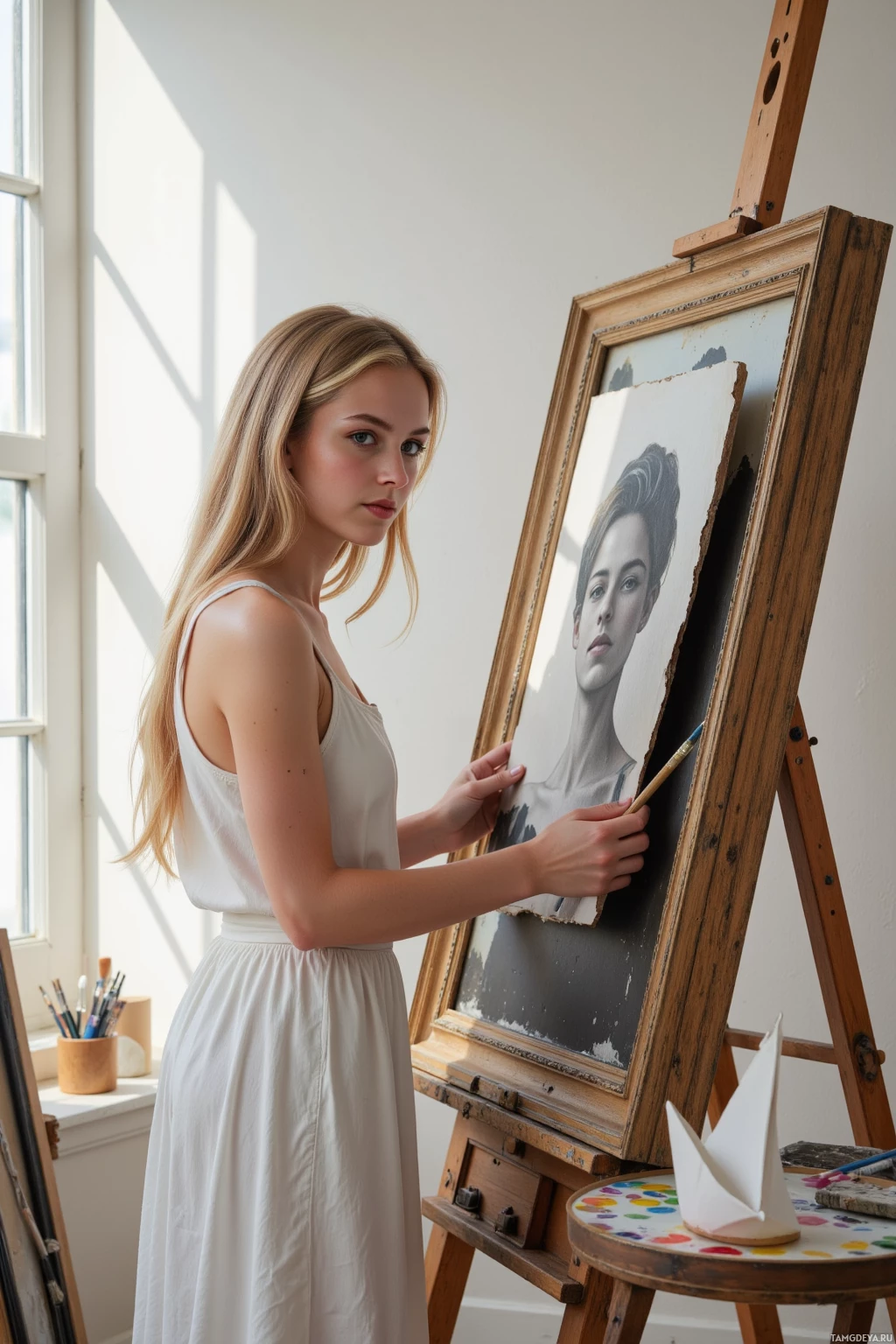 A woman in a white dress is painting a portrait on an easel.