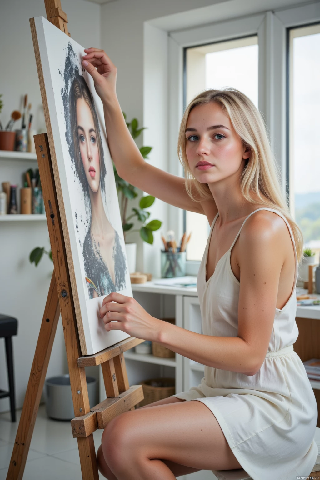 A woman in a white dress is sitting and painting a portrait on an easel in a bright studio.