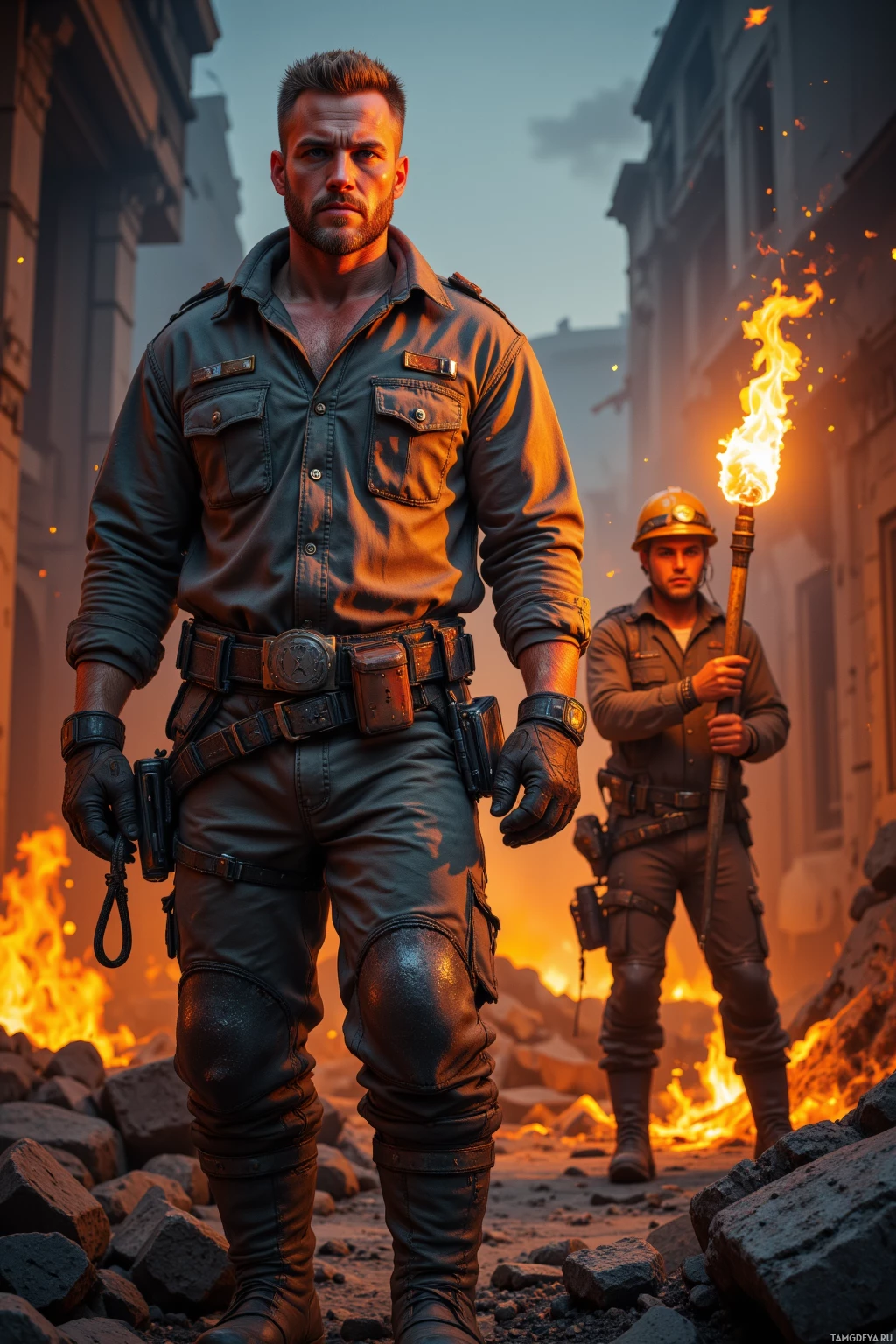 Realistic high quality photo. A rugged 39‑year‑old man with short blonde hair, piercing blue eyes, a strong jawline and broad shoulders, wearing a worn work shirt, steel boots, gloves, and a massive hammer at his side, stands beside a crew member holding a torch on the edge of a burning demolished building at night, firelight dancing over the ruins, smoke swirling, under a molten glass sky.
