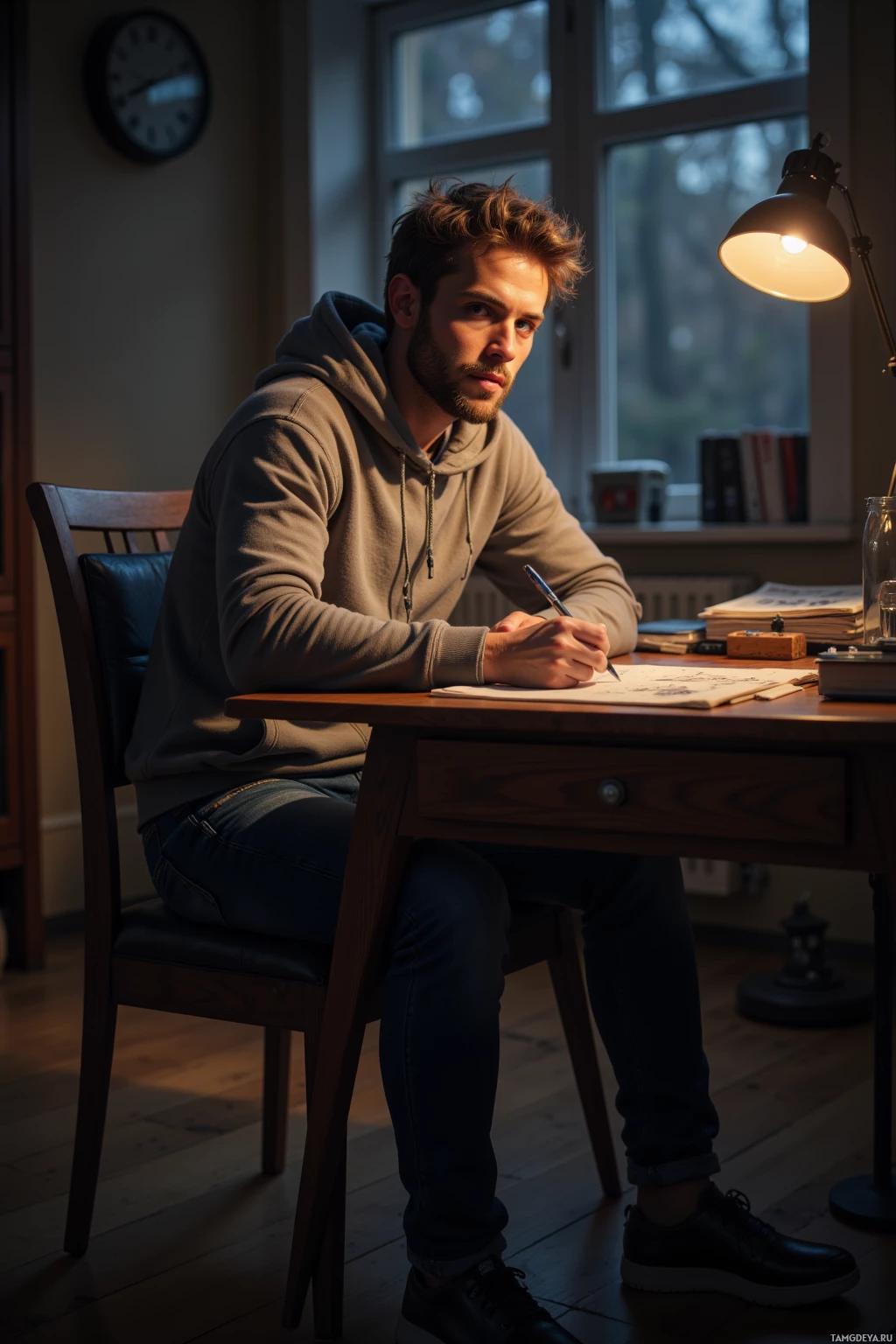 A man sits at a desk, writing in a notebook under a desk lamp.