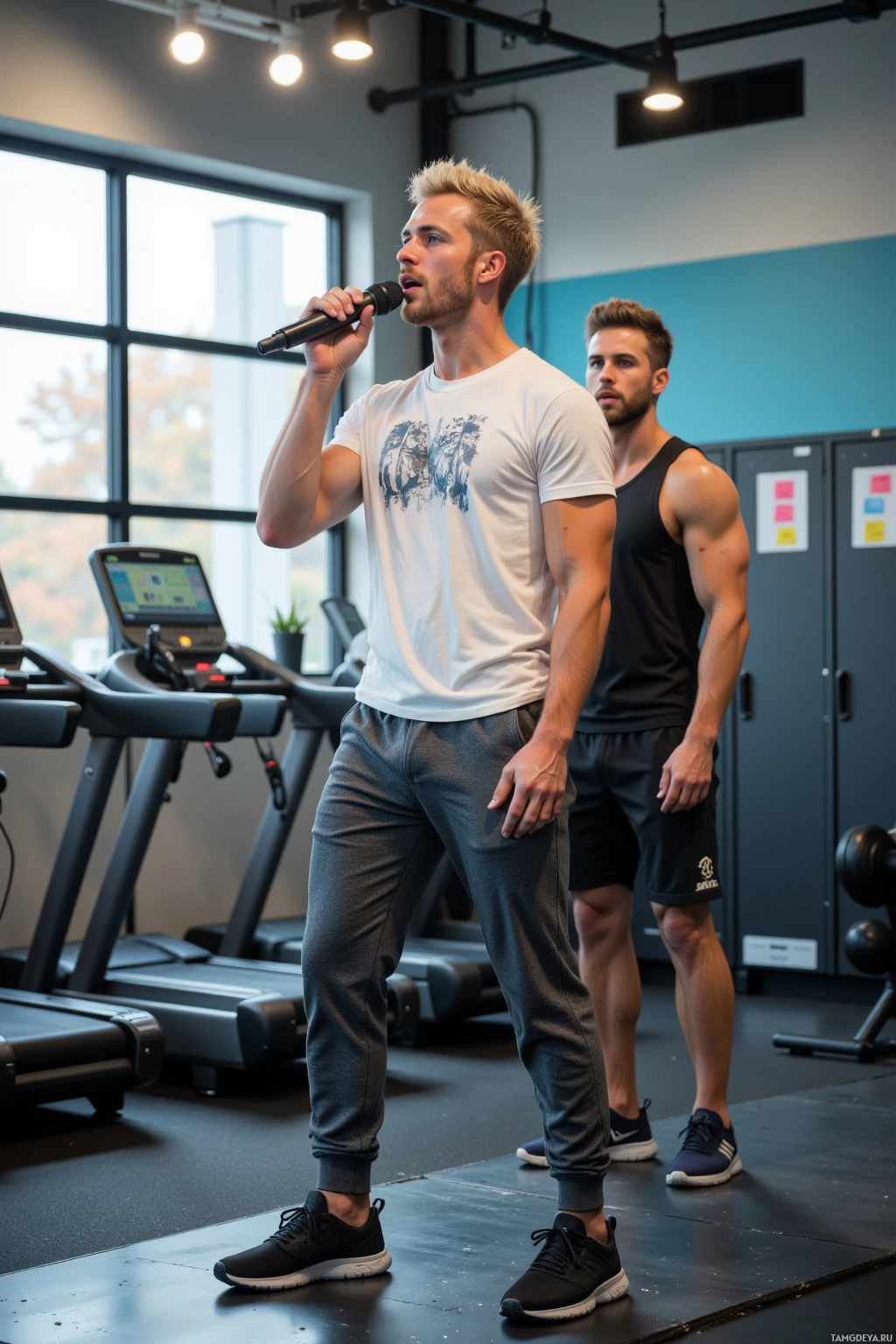Two men are standing in a gym, one holding a microphone.