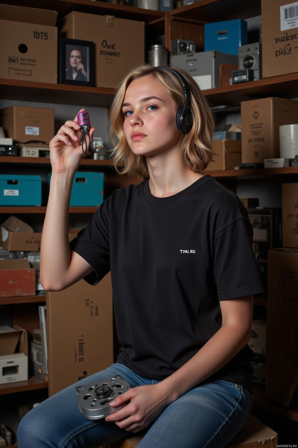 A person wearing headphones and a black T-shirt sits in a room with shelves of boxes and equipment.
