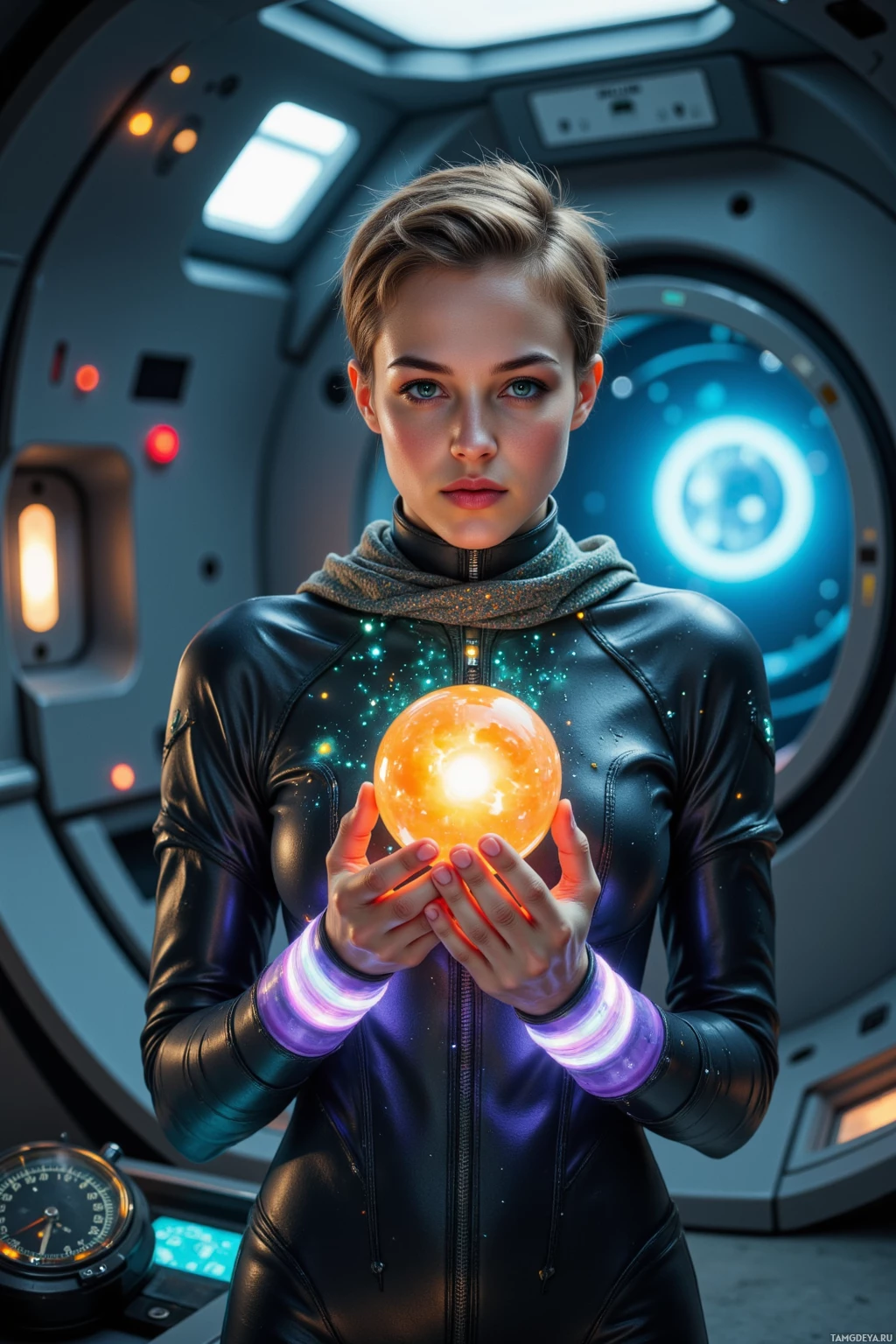 A person in a futuristic outfit holds a glowing orb in a sci-fi setting.