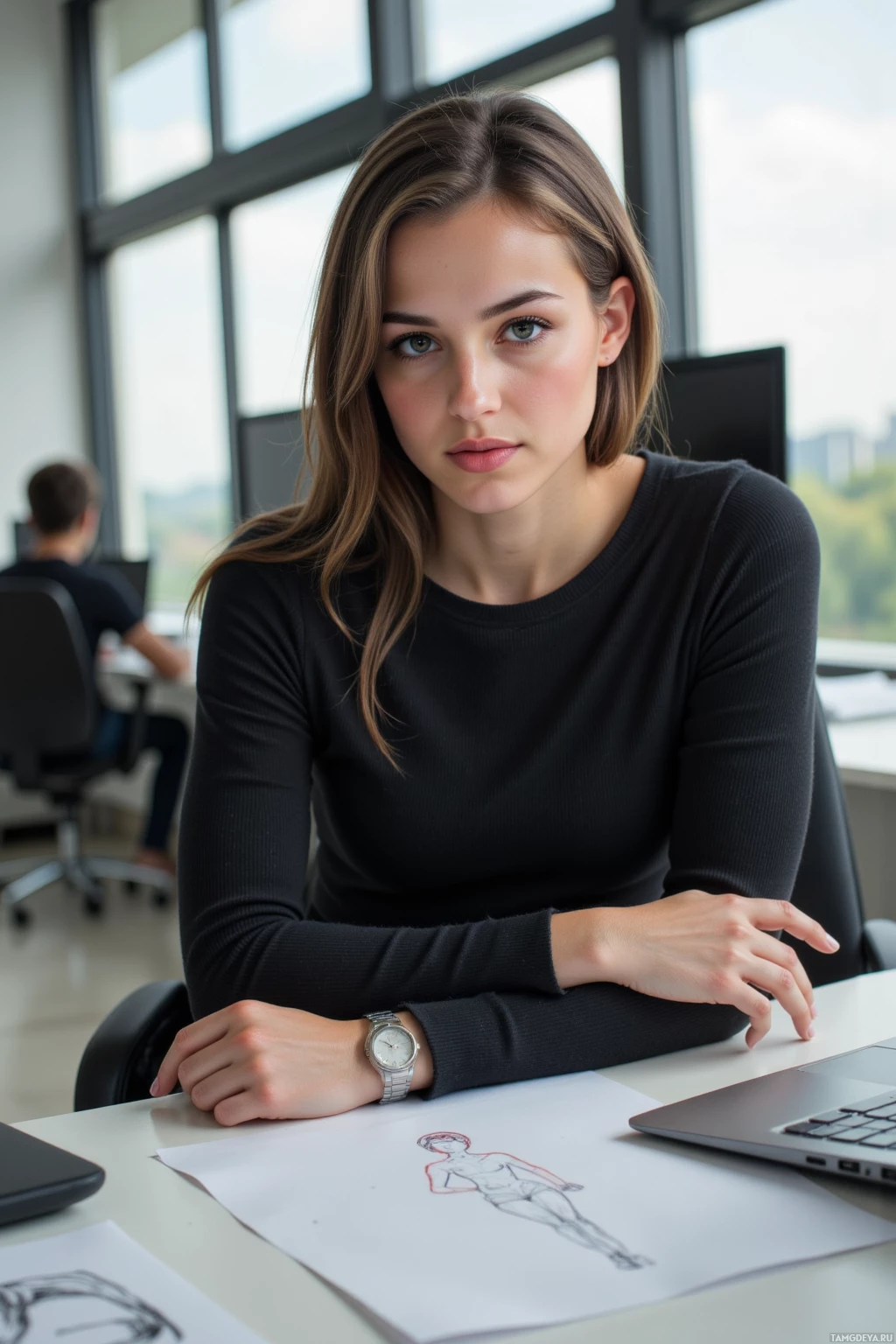 A woman sits at a desk in an office, wearing a black top and a watch, with a drawing and laptop in front of her.