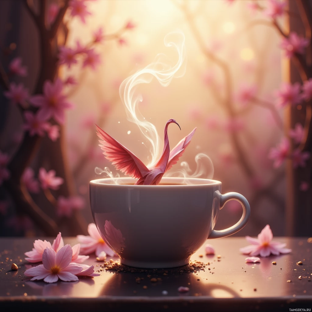 A steaming cup of tea with delicate pink flowers and a butterfly origami decoration.