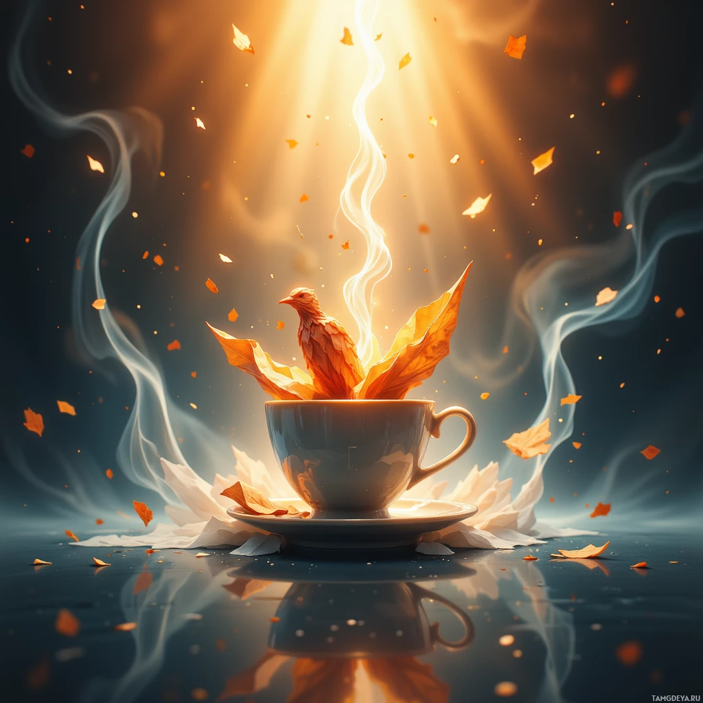 A cup of coffee with steam and falling leaves, illuminated by a warm light.