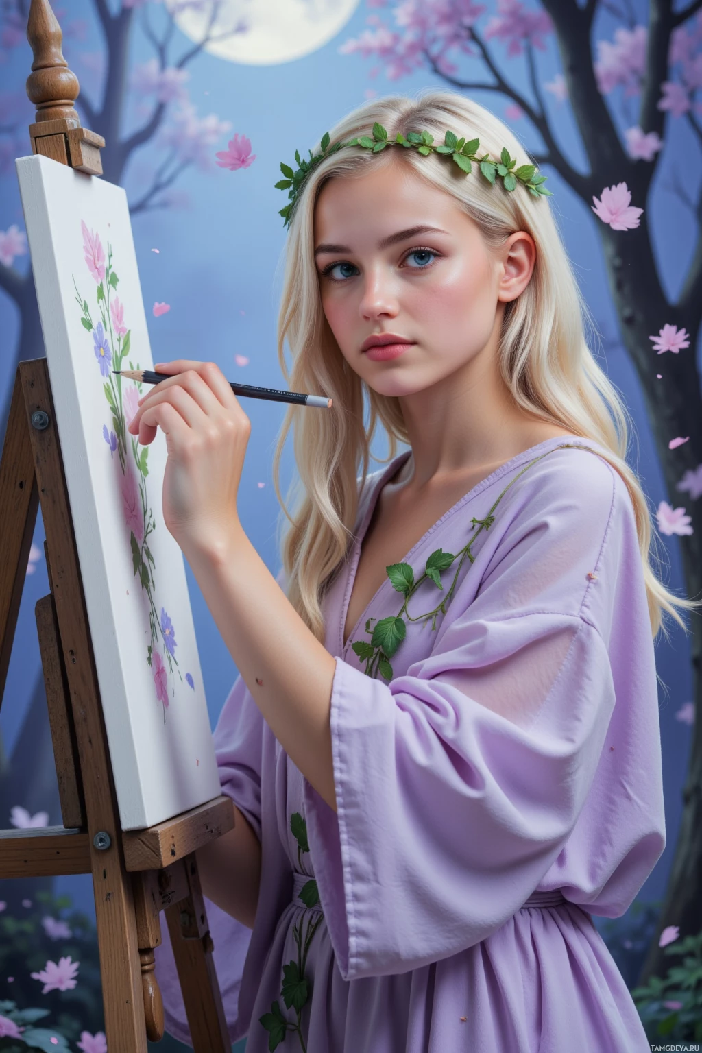 A young woman in a purple dress is painting flowers on a canvas.
