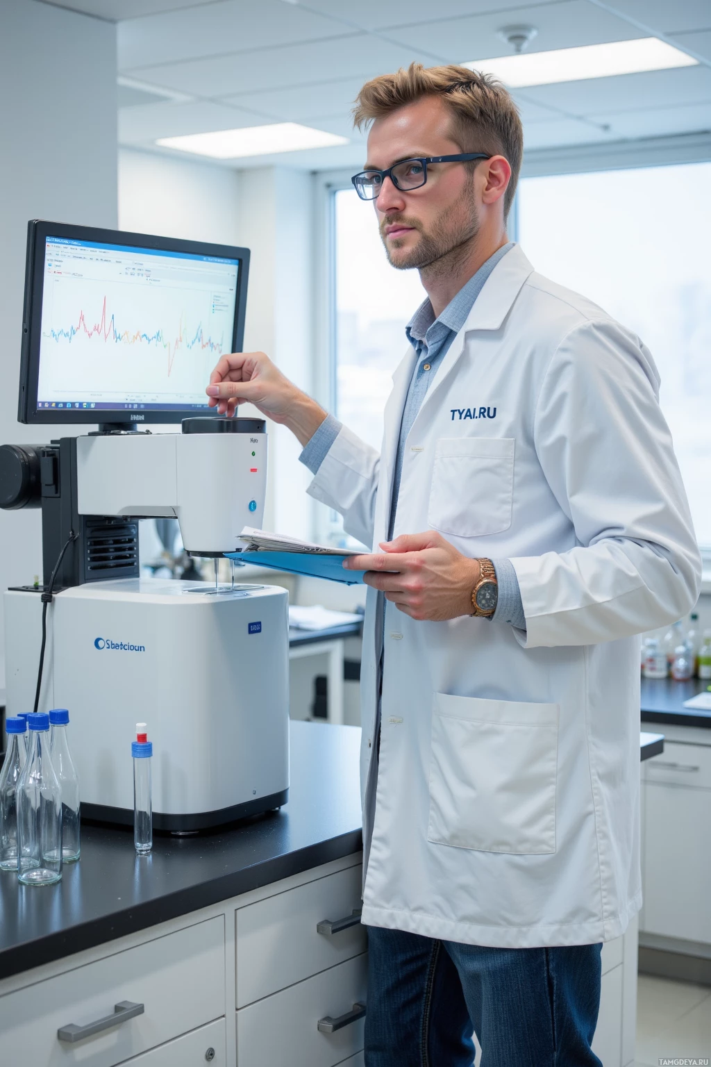 A scientist in a lab coat operates a laboratory machine while reviewing data on a computer screen.