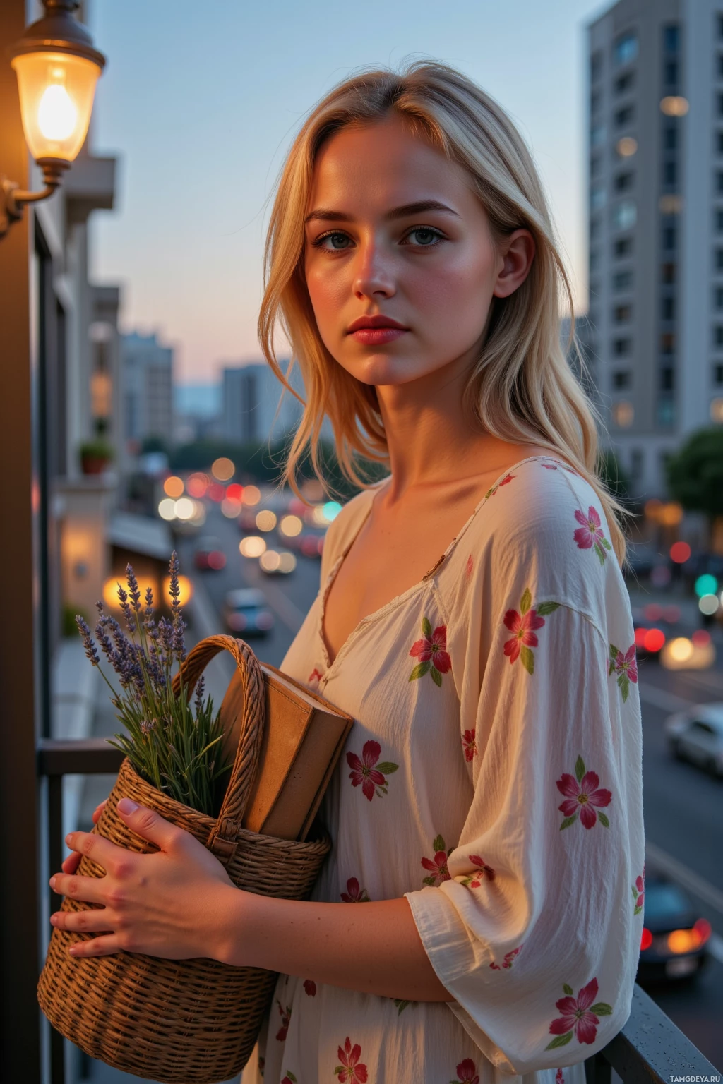 A woman in a floral dress holds a basket of flowers and a book, standing on a balcony at dusk.