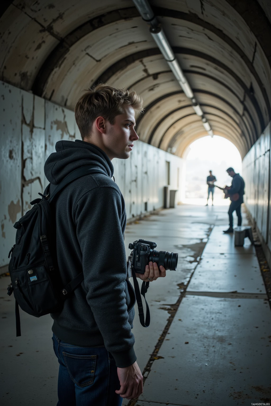 Realistic high quality photo. A 31-year-old man with short blonde hair, wearing a dark gray hoodie and jeans, holding a vintage film camera, standing in an abandoned subway tunnel with light filtering through cracked concrete, listening to a street musician playing a guitar, early morning.