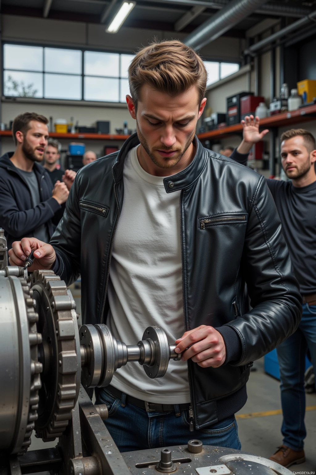 A man in a leather jacket works on a mechanical part in a workshop setting.