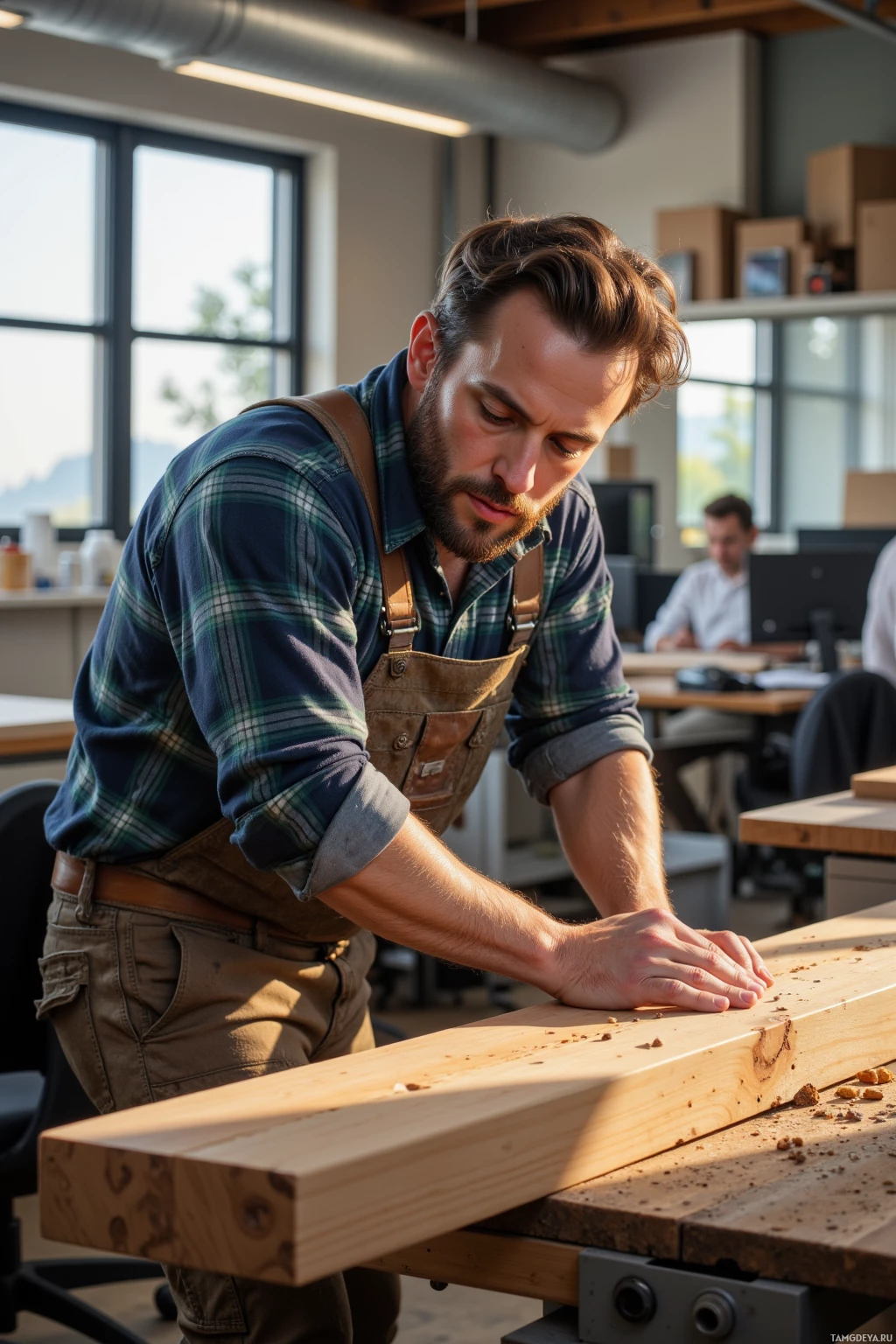 A man in a workshop wearing an apron works on a piece of wood.