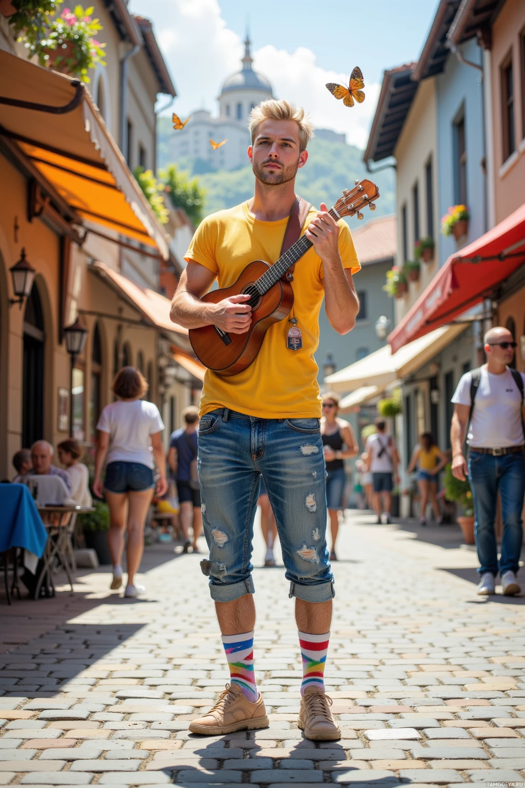 A man in a yellow shirt plays a guitar on a cobblestone street with people walking by.