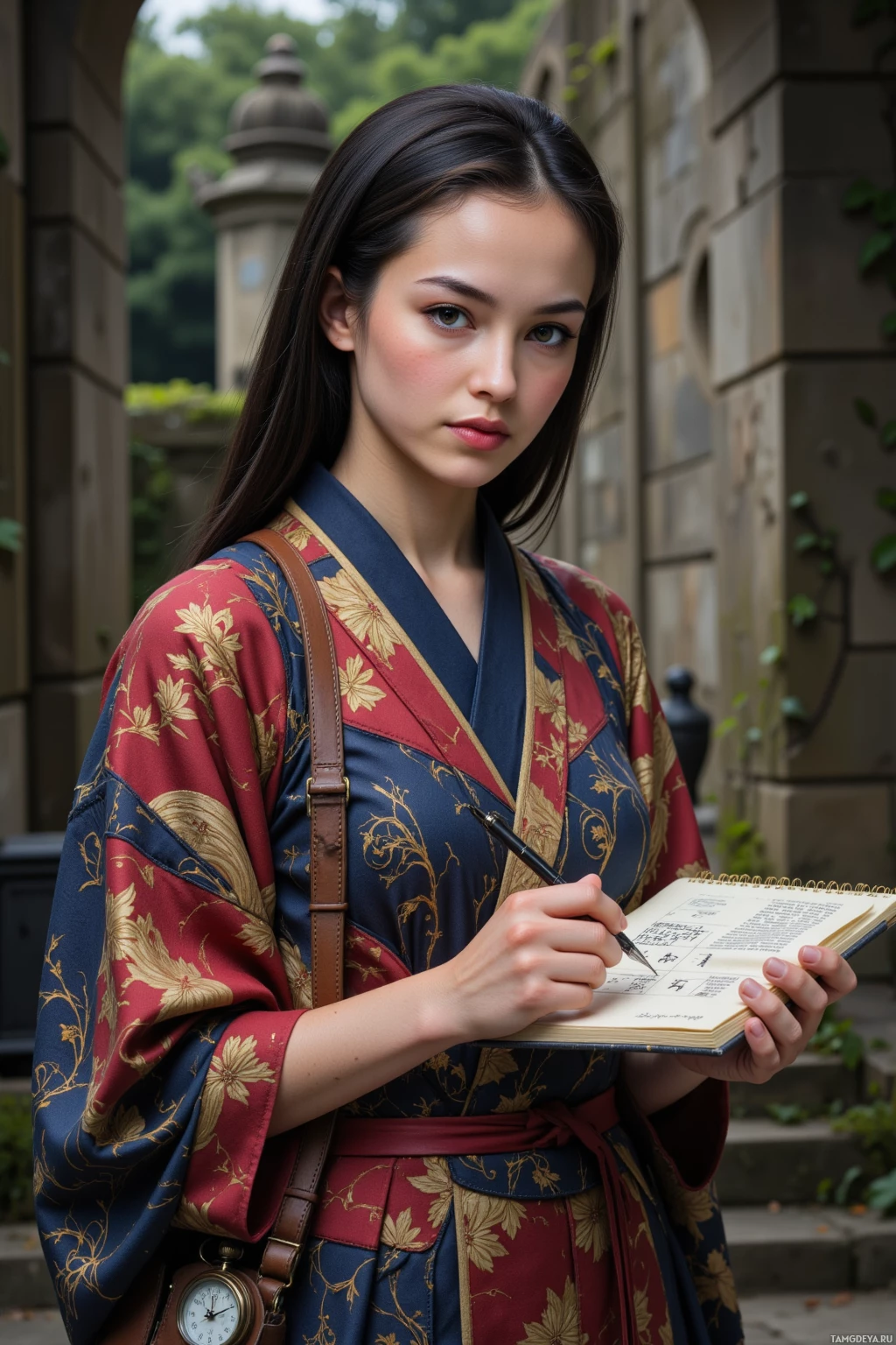 A woman in a traditional kimono writes in a notebook while standing outdoors.