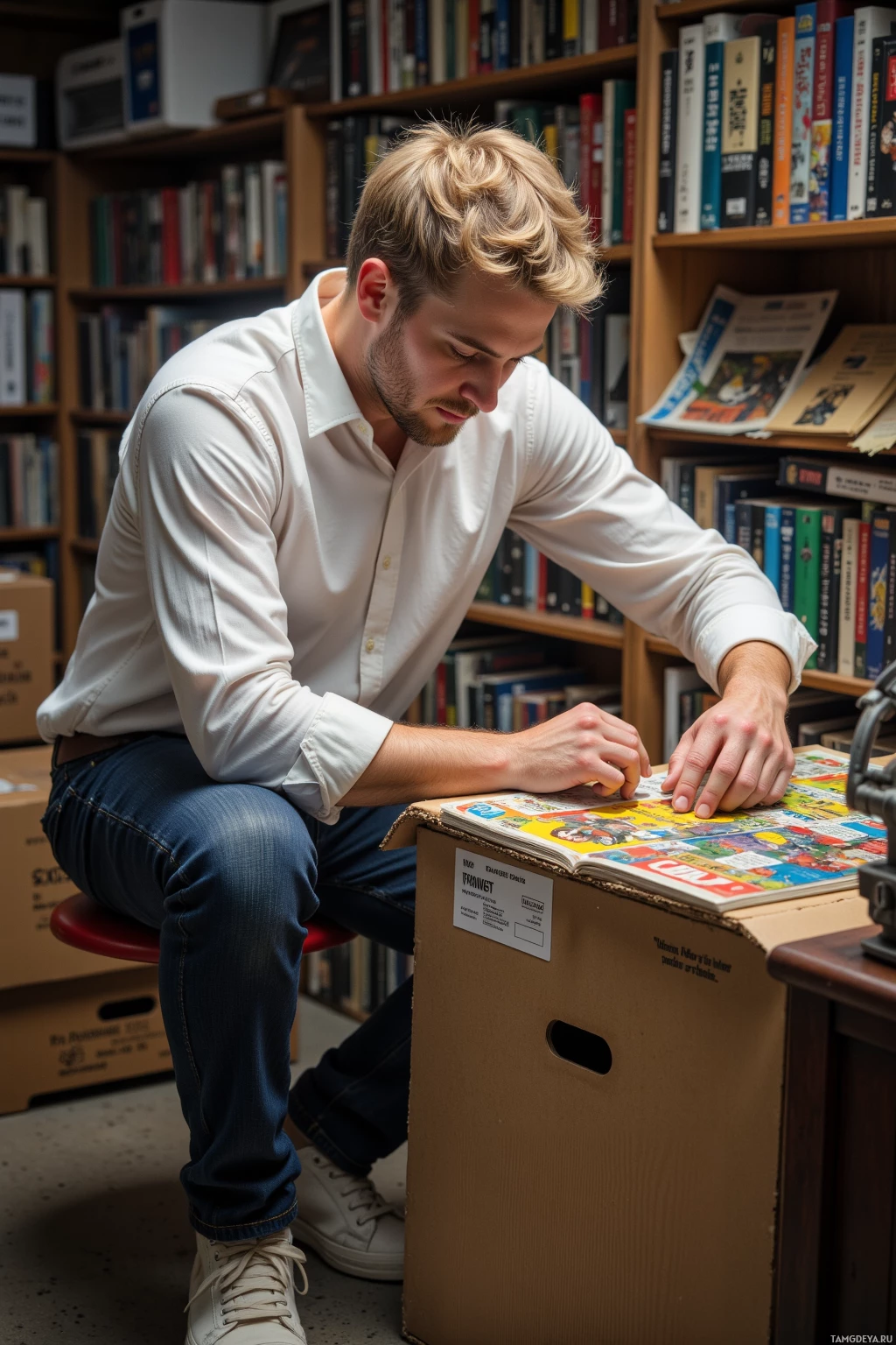A person in a library is reading a colorful comic book.