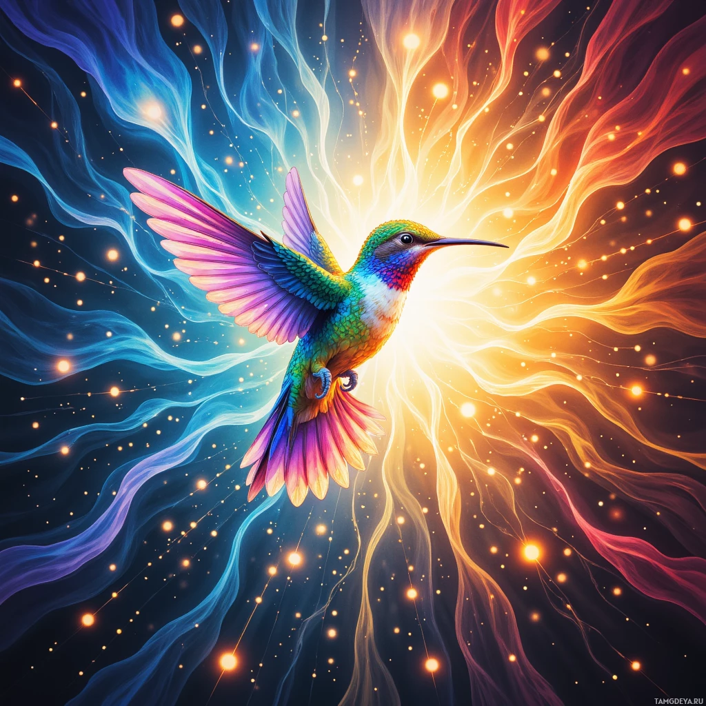 A vibrant hummingbird with iridescent feathers is depicted amidst a cosmic, ethereal background of swirling light and stars.