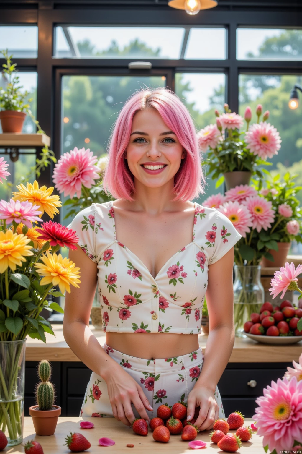 A person with pink hair stands in a bright, flower-filled room, wearing a floral top and holding strawberries on a table.